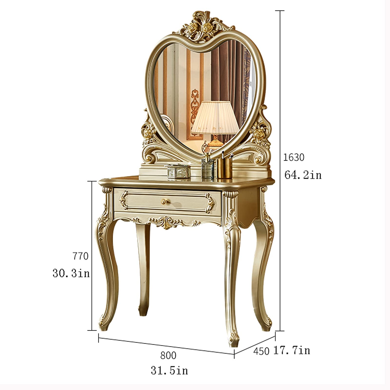 Vanity Makeup Table with Heart Mirror & Drawer for Bedroom - Perfect Dressing Table for Women & Girls