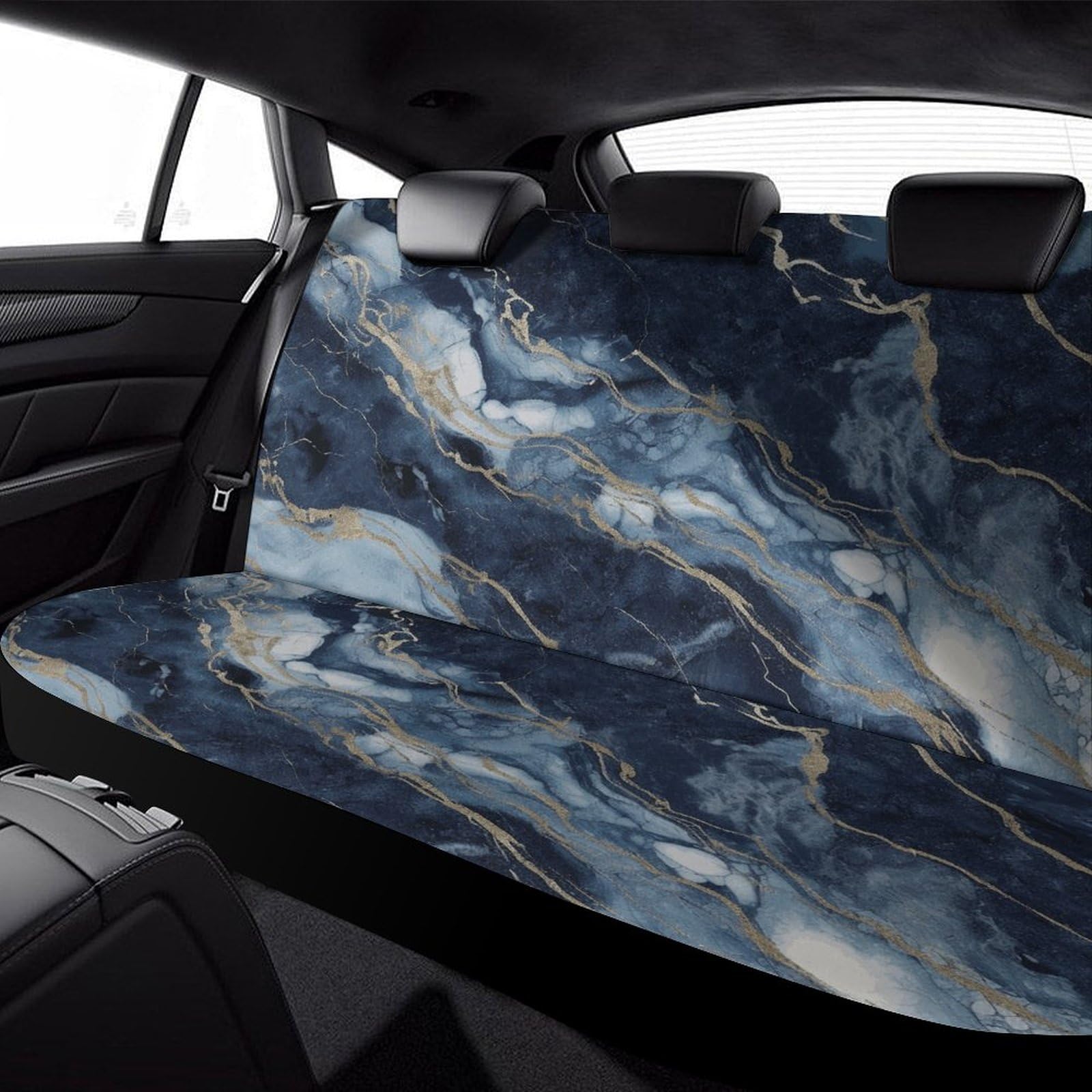 Premium Waterproof Marble Navy Blue Car Back Seat Covers - Soft Universal Fit for SUVs, Trucks & Vans - Dustproof & Scratch-Resistant Rear Bench Protector - Ideal for Road Trips, Family Travel & Pet Owners