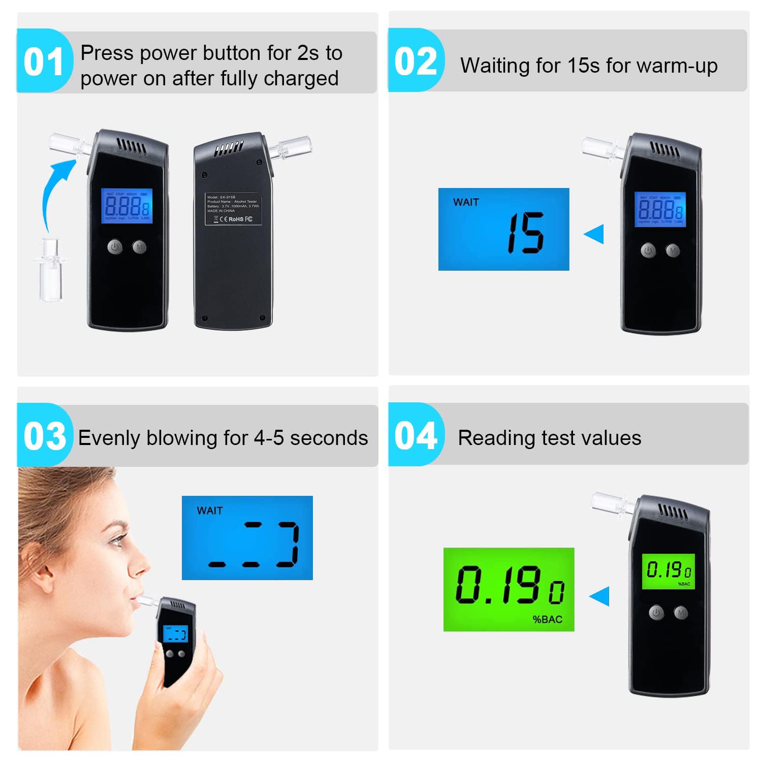 Professional Breathalyzer with High Accuracy - USB Rechargeable Alcohol Tester, Portable Digital LCD Display & 10 Disposable Mouthpieces - Perfect for Personal Safety, Workplace Testing & DUI Prevention