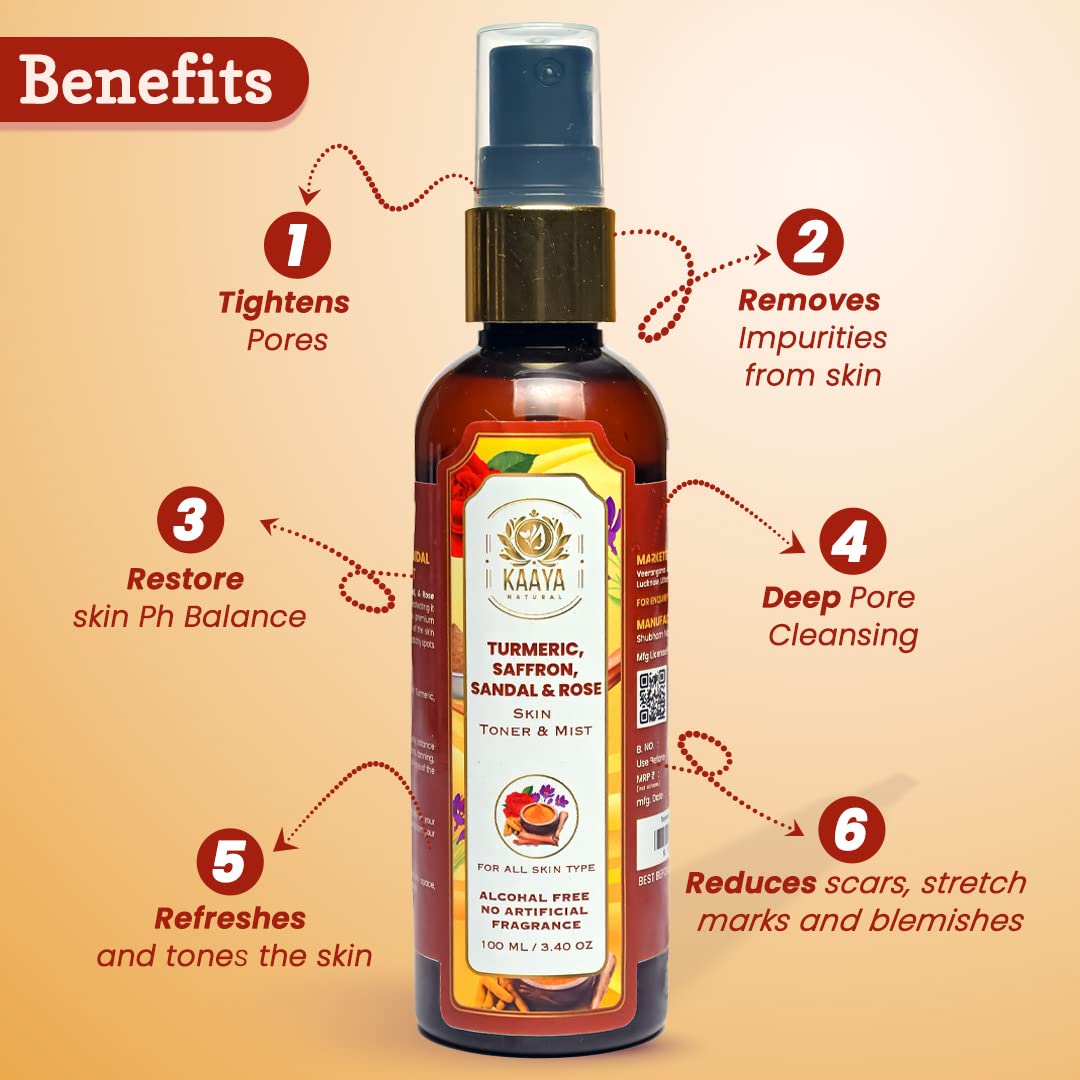 Kaaya Natural Turmeric, Saffron, Sandalwood & Rose Facial Toner Mist - Brightening Face Toner for Glowing Skin, Reduces Scars & Breakouts - 100ml | Hydrating & Refreshing Skin Care for Daily Use, Travel & Post-Workout