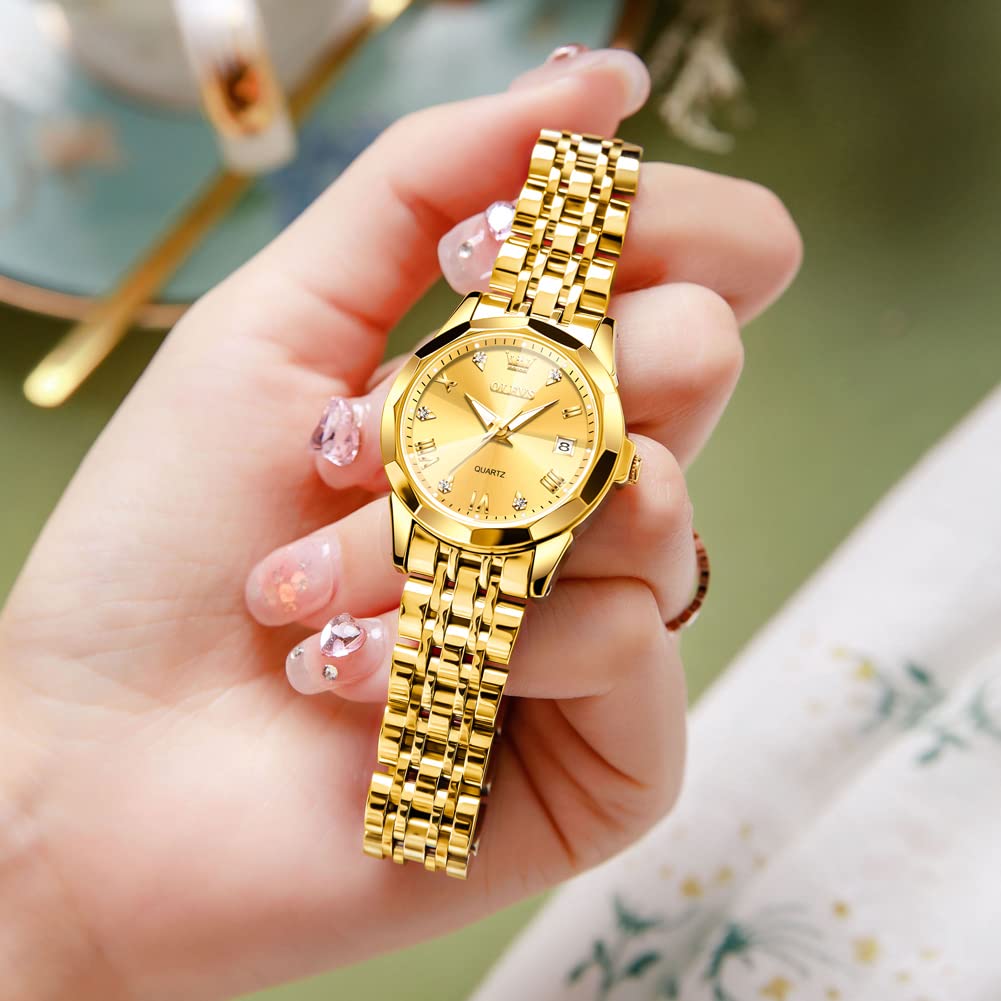 OLEVS Women's Gold Stainless Steel Waterproof Analog Watch with Date & Day - Small Face Quartz Ladies Watch - Fashion Gold, Black & White Dials - Perfect for Office, Party & Everyday Wear