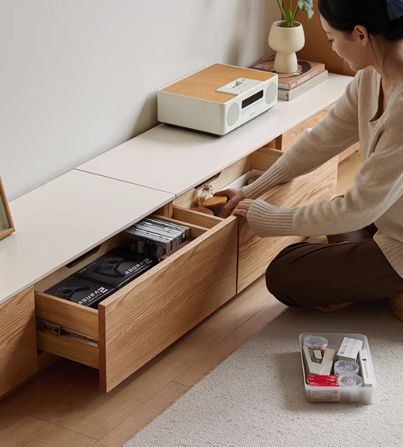 Solid Oak Wood Modern Rock Slab TV Stand - Stylish Floor TV Cabinet for Living Room, Bedroom & Home Theater