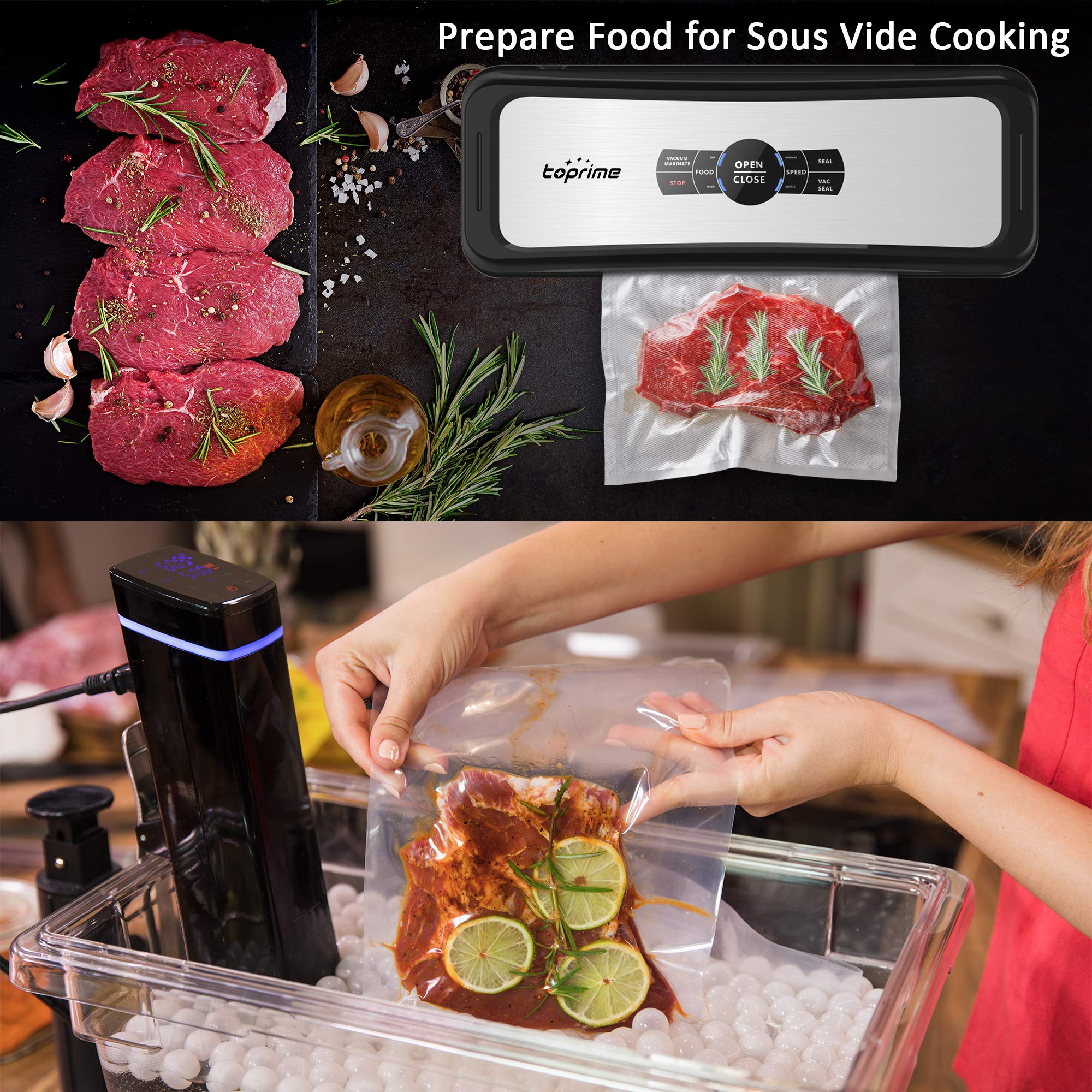 Toprime VS6682H Automatic Vacuum Sealer Machine - 120W Food Saver System for Dry & Moist Food Preservation, Sous Vide, Meal Prep & Freezer Storage - Stainless Steel Vacuum Sealer for Home Kitchen Use