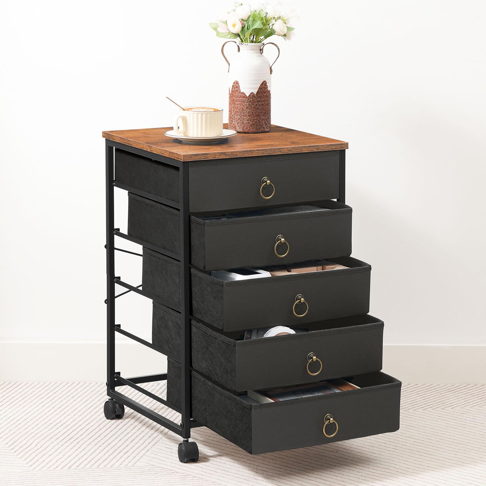 HOOBRO 5-Drawer Storage Cabinet - Black File Organizer with Wheels, Office Filing Cabinet & Rolling Printer Stand for Home Office, Living Room - Easy Assembly Nonwoven Drawers (Model BFK50WJ01) | Perfect for Document Storage & Printer Organization