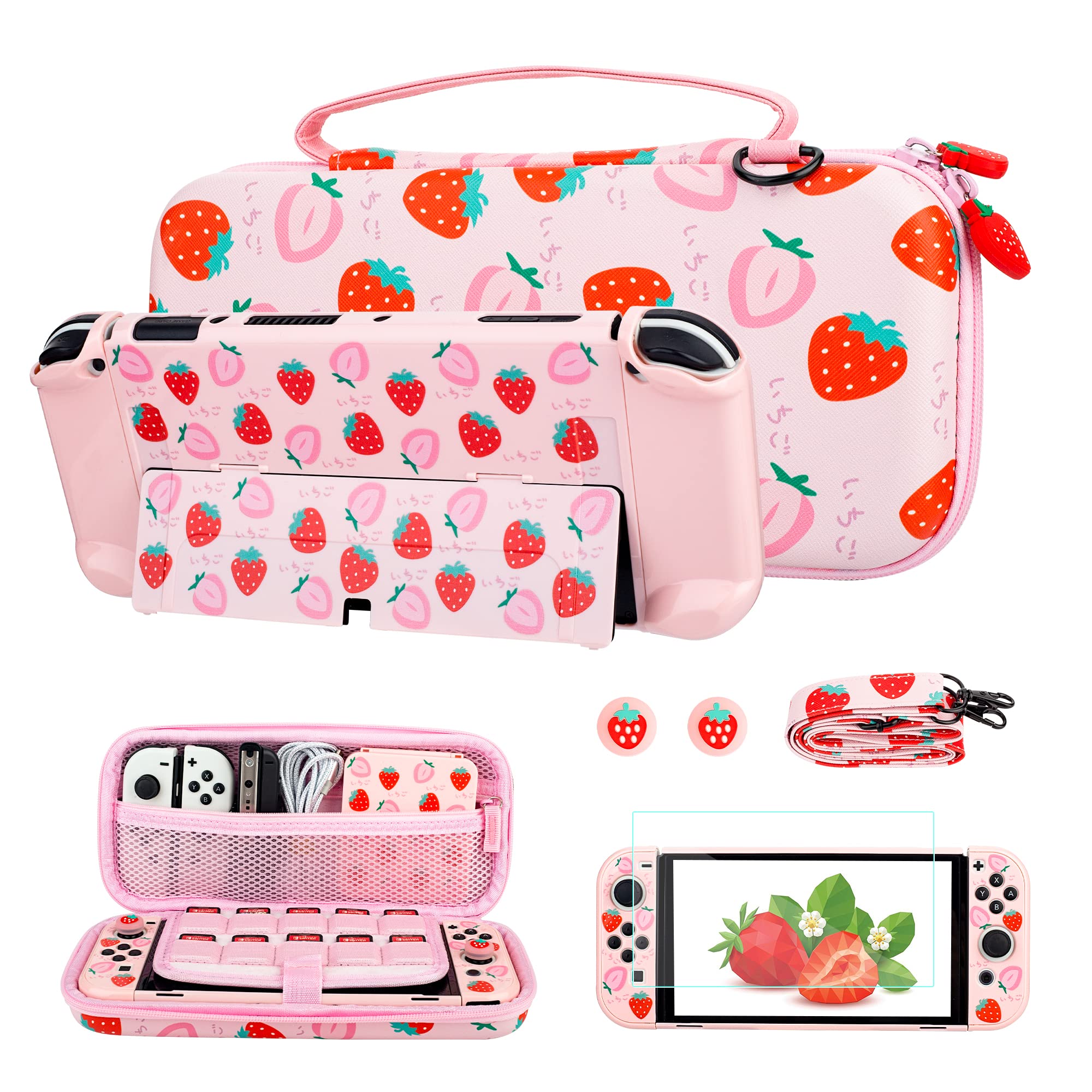 FUNDIARY Pink Nintendo Switch OLED Travel Carrying Case with Strawberry Design - Shockproof Hard Shell, Portable Storage Bag, Shoulder Strap, Screen Protector & 2 Thumb Grips - Perfect for Gaming on the Go, Travel Protection & Console Storage