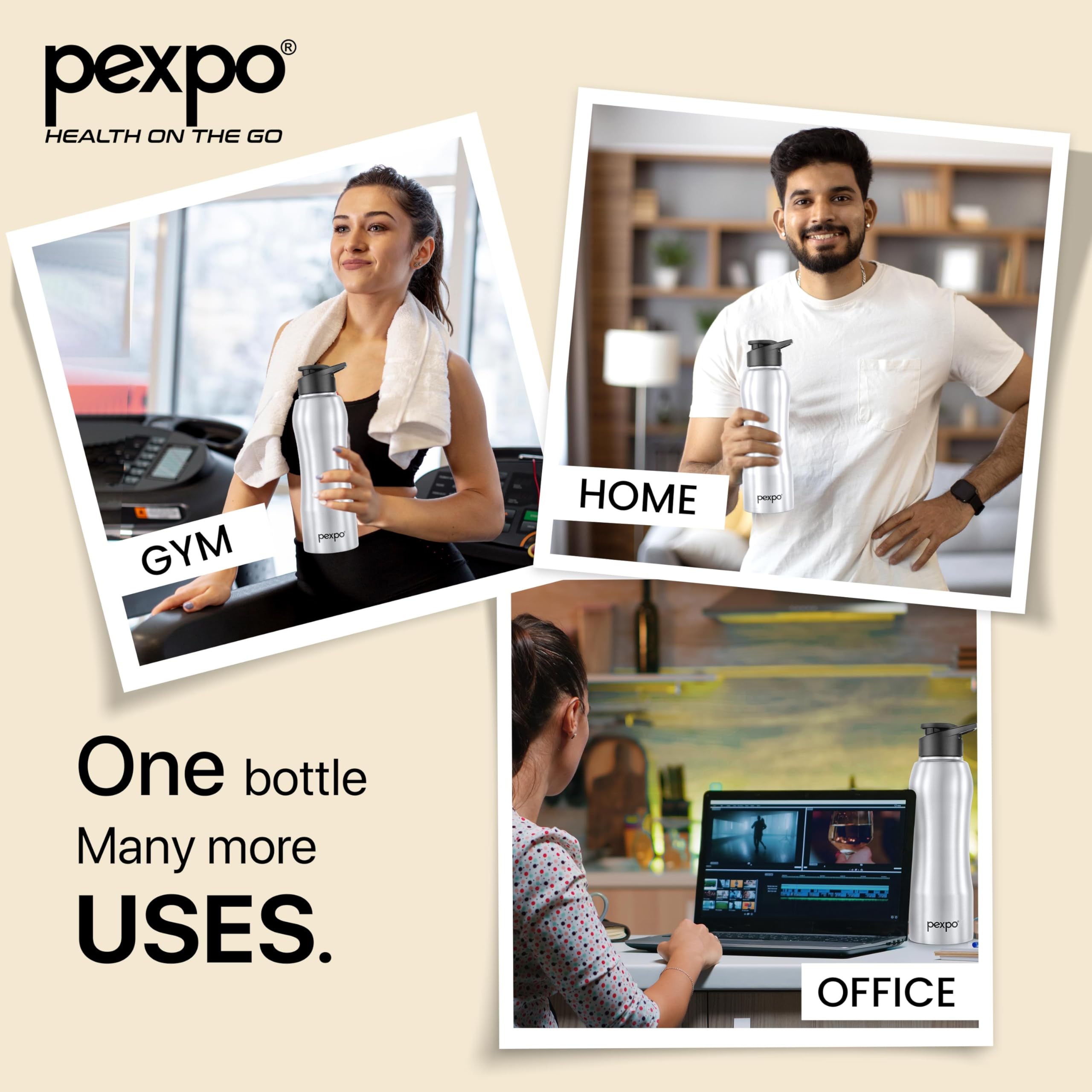 PEXPO Bistro 750ml Stainless Steel Water Bottle - Insulated, Leak Proof, Easy Grip for Gym, Office, Hiking | Silver Single Wall Bottle for Sports, Travel, School & Outdoor Activities | Perfect for Men, Women & Kids