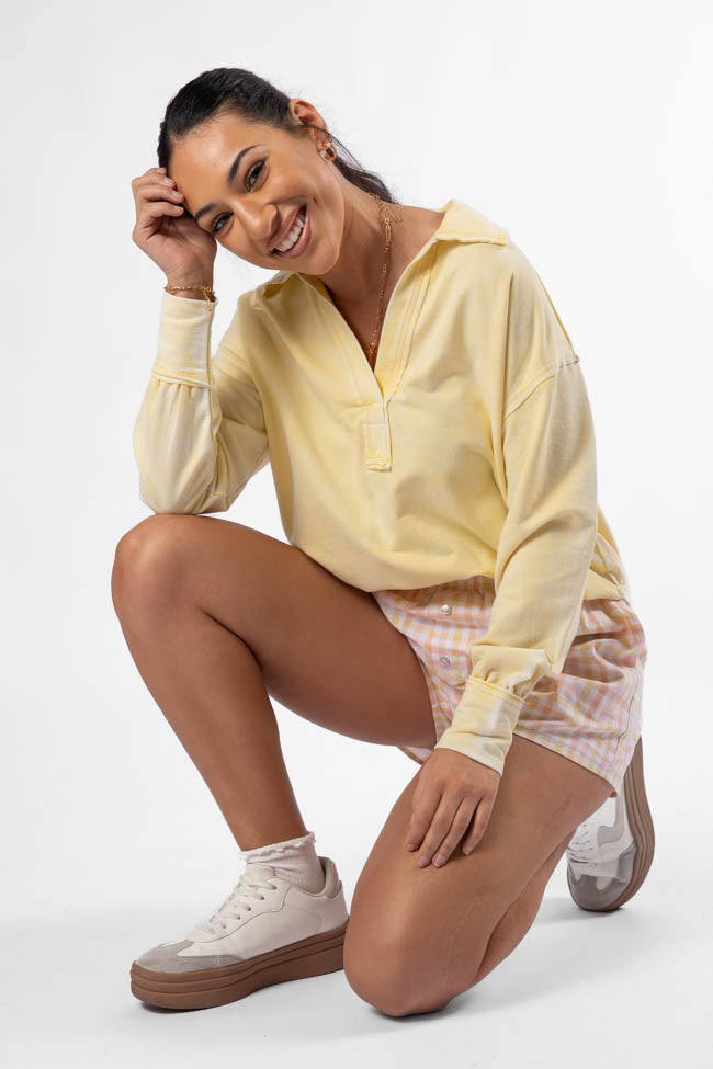 Take A Chance Yellow Acid Wash Knit Collared Long Sleeve Tee - Vintage Style Casual Shirt for Women - Perfect for Streetwear, Music Festivals & Everyday Outfits