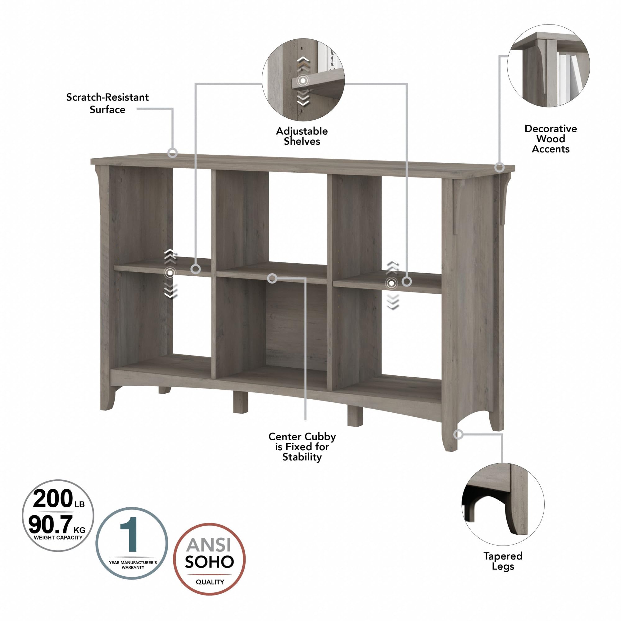 Bush Furniture Salinas 6-Cube Organizer in Driftwood Gray - Modern Office Storage & Home Organization with Open Shelves - Compact Bookshelf for Books, Supplies & Decor - Perfect for Home Office, Living Room & Bedroom Storage