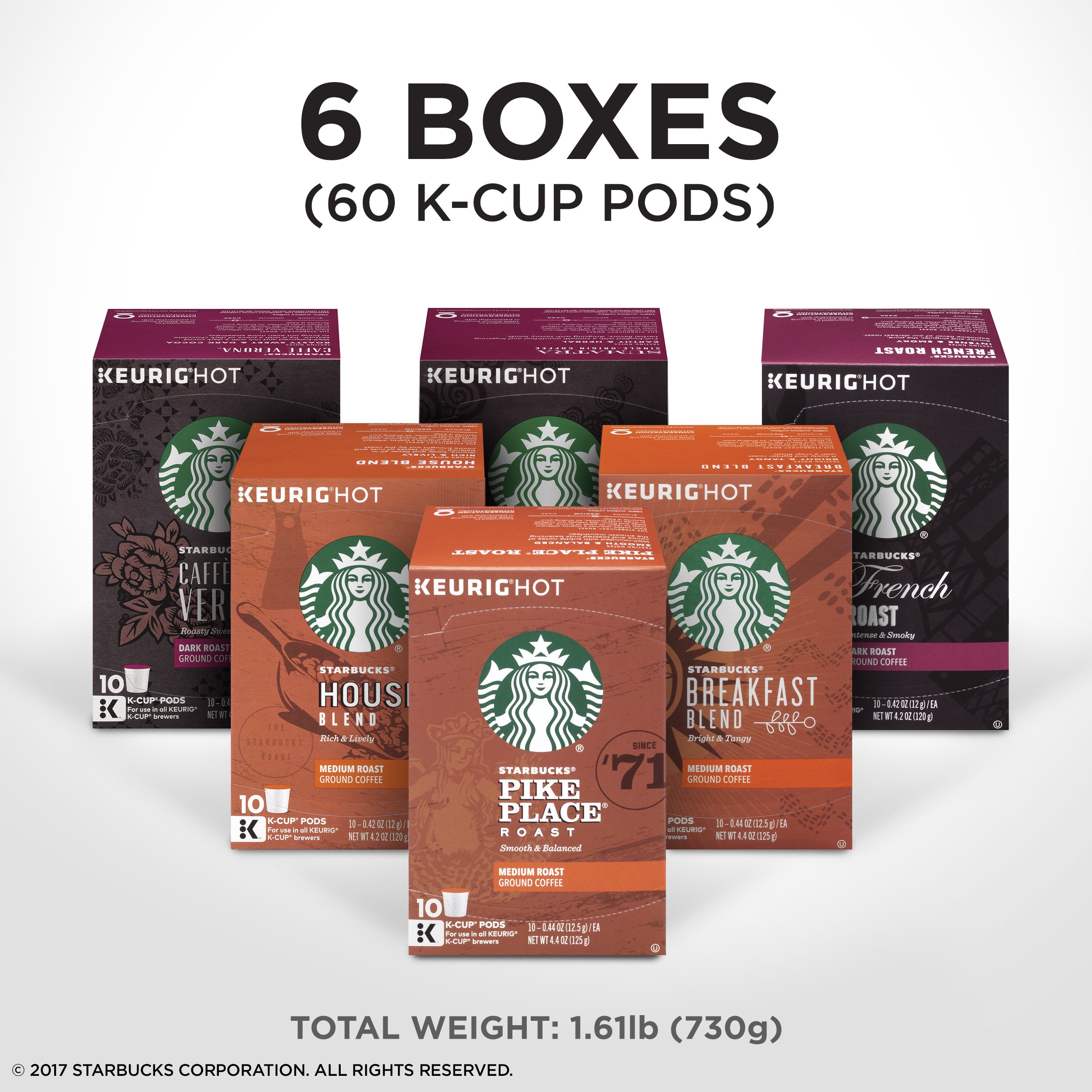 Starbucks Black & Flavored K-Cup Coffee Pods Variety Pack for Keurig Brewers - 6 Boxes (60 Pods) + 1 Box (40 Pods) - Perfect for Home, Office & Morning Brewing