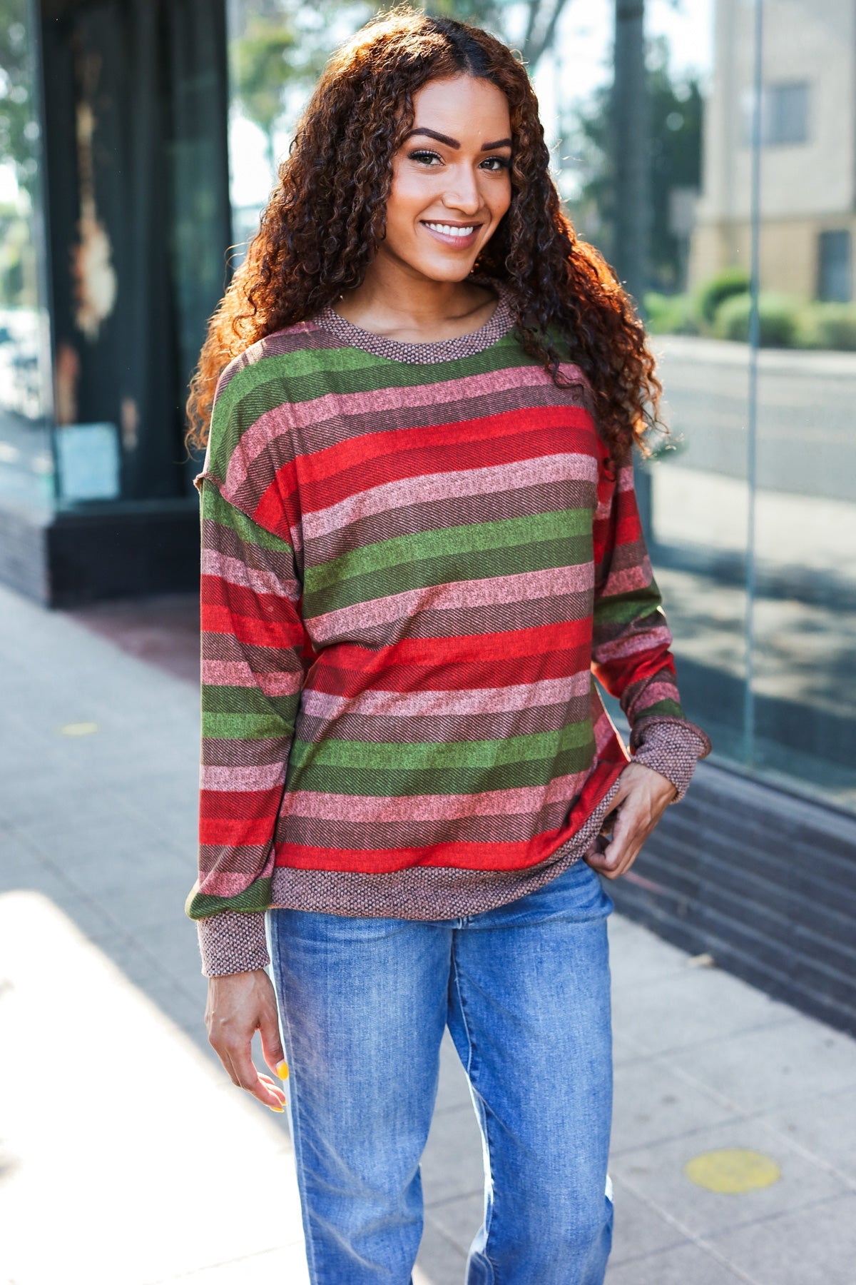 Stylish Olive & Mauve Striped Two-Tone Banded Sweater Top for Women | Casual Fall Fashion | Perfect for Office Wear & Weekend Outfits