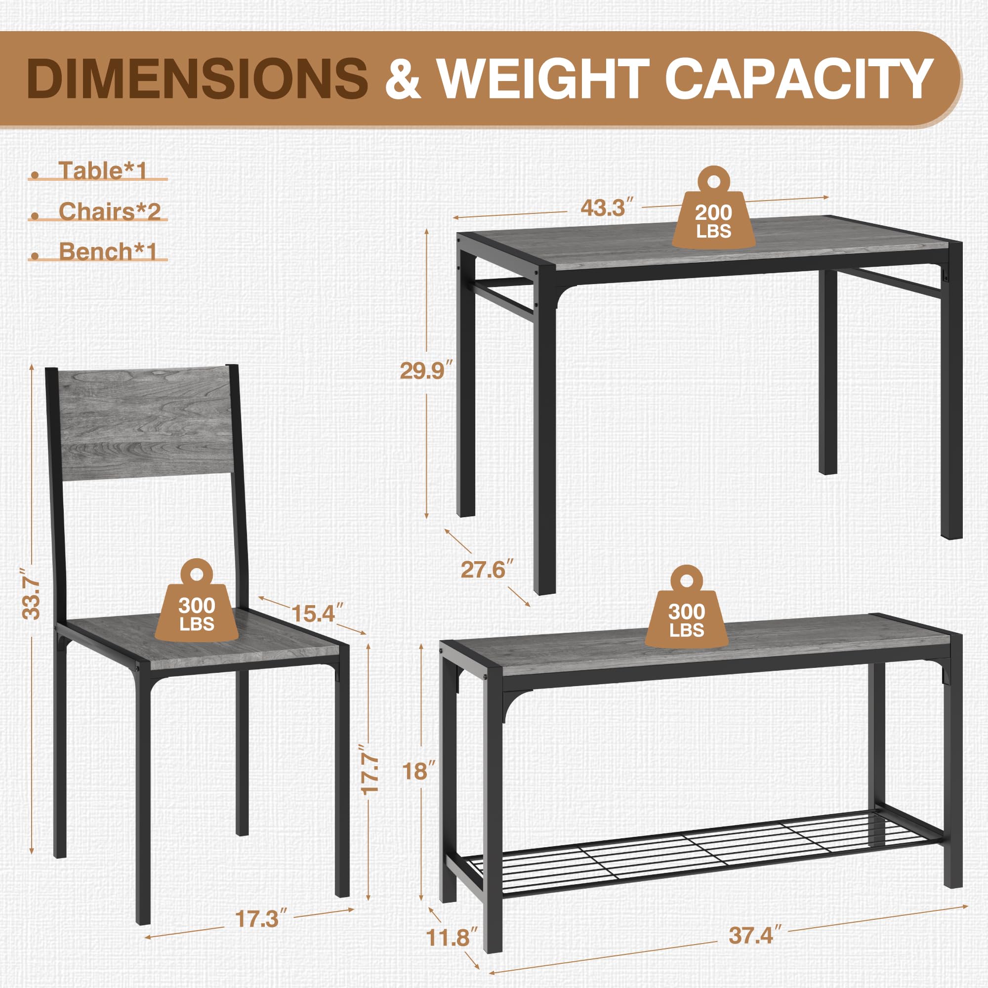 Modern 4-Piece Dining Table Set with Storage Bench & Chairs - Space-Saving Rectangular Kitchen Table for Small Apartments, Restaurants (Grey) | Perfect for Breakfast Nooks, Studio Living & Compact Dining Areas