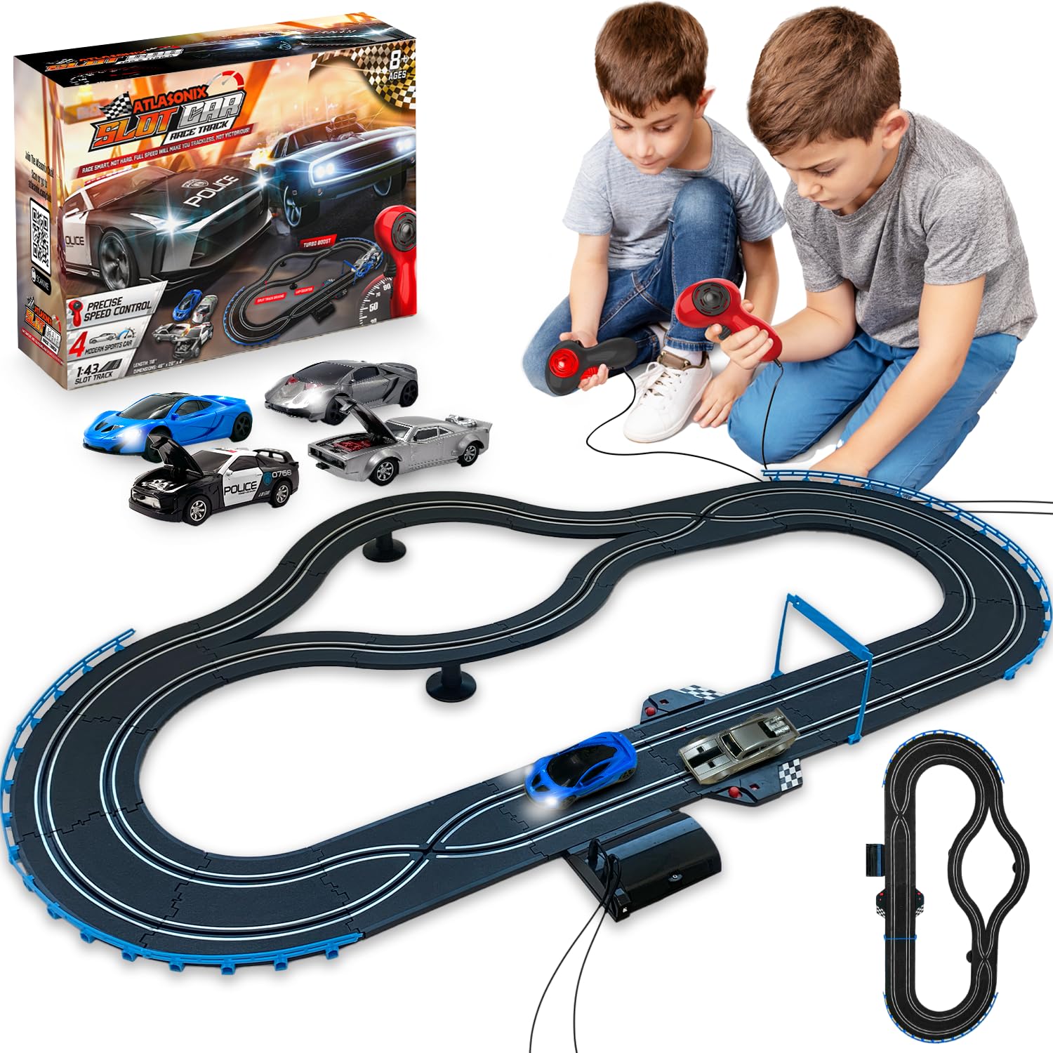 Atlasonix SCRT2022 Electric Slot Car Racing Set for Kids Ages 4-8 - 2 Speed Controllers with Smooth Track Curves for Fast-Paced Racing Action - Perfect for Birthday Gifts & Family Game Nights
