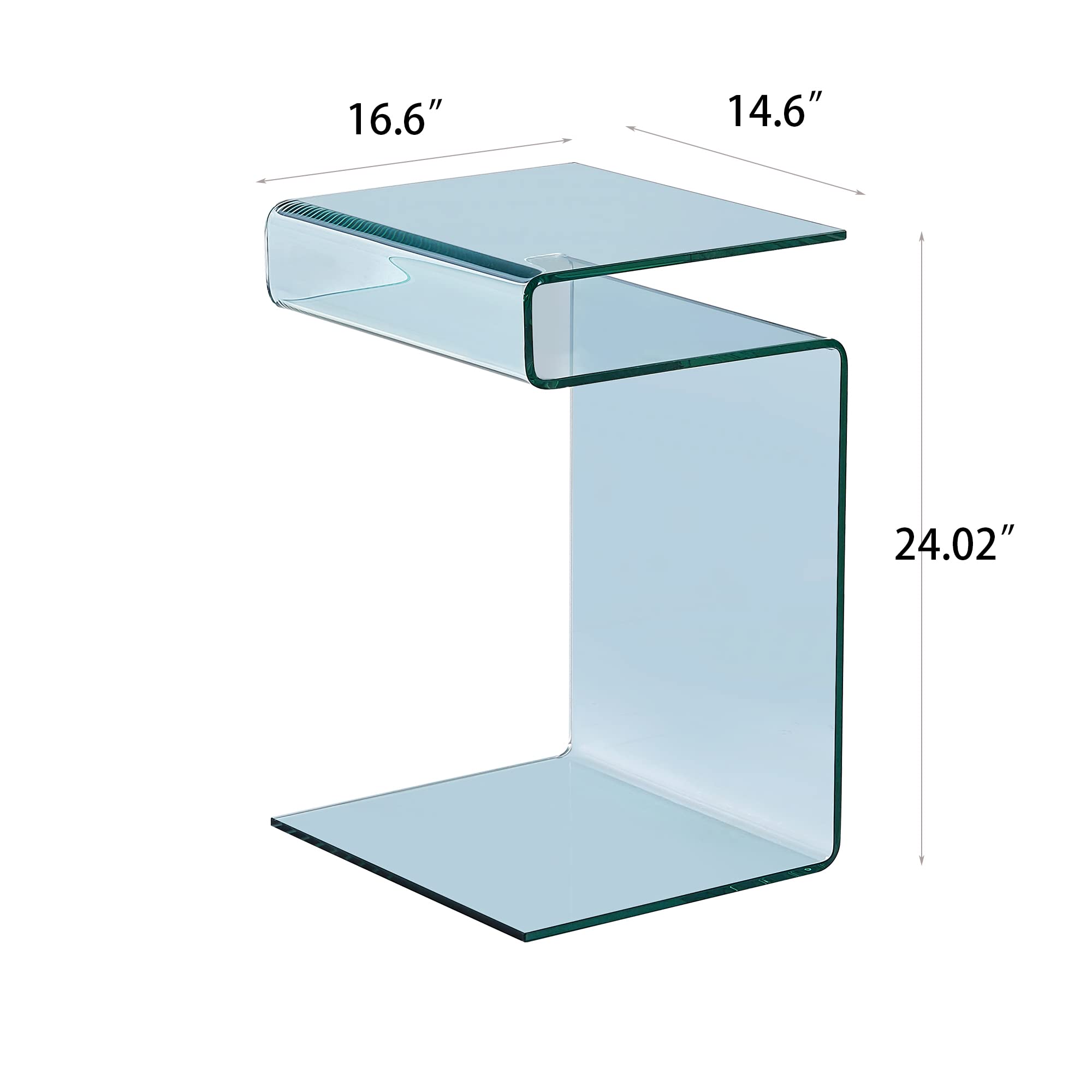 Modern Clear Glass End Side Table - Bent Design Sofa Table & Nightstand for Living Room & Bedroom (24.02