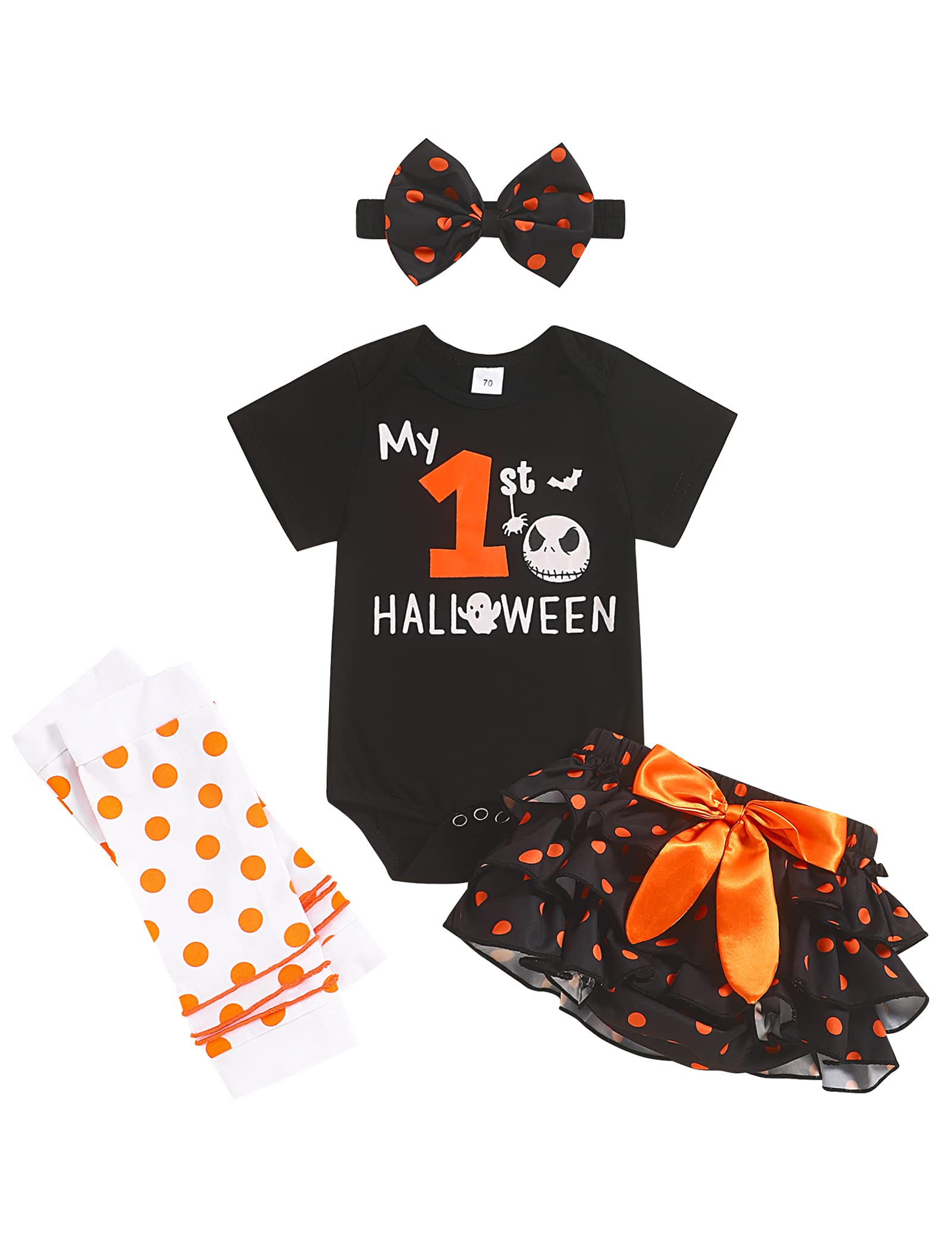 Cute Baby Girl Halloween Outfit Set - Skull Print Romper with Dotted Shorts & Leg Warmers | Newborn Costume for Trick-or-Treating & Photo Shoots