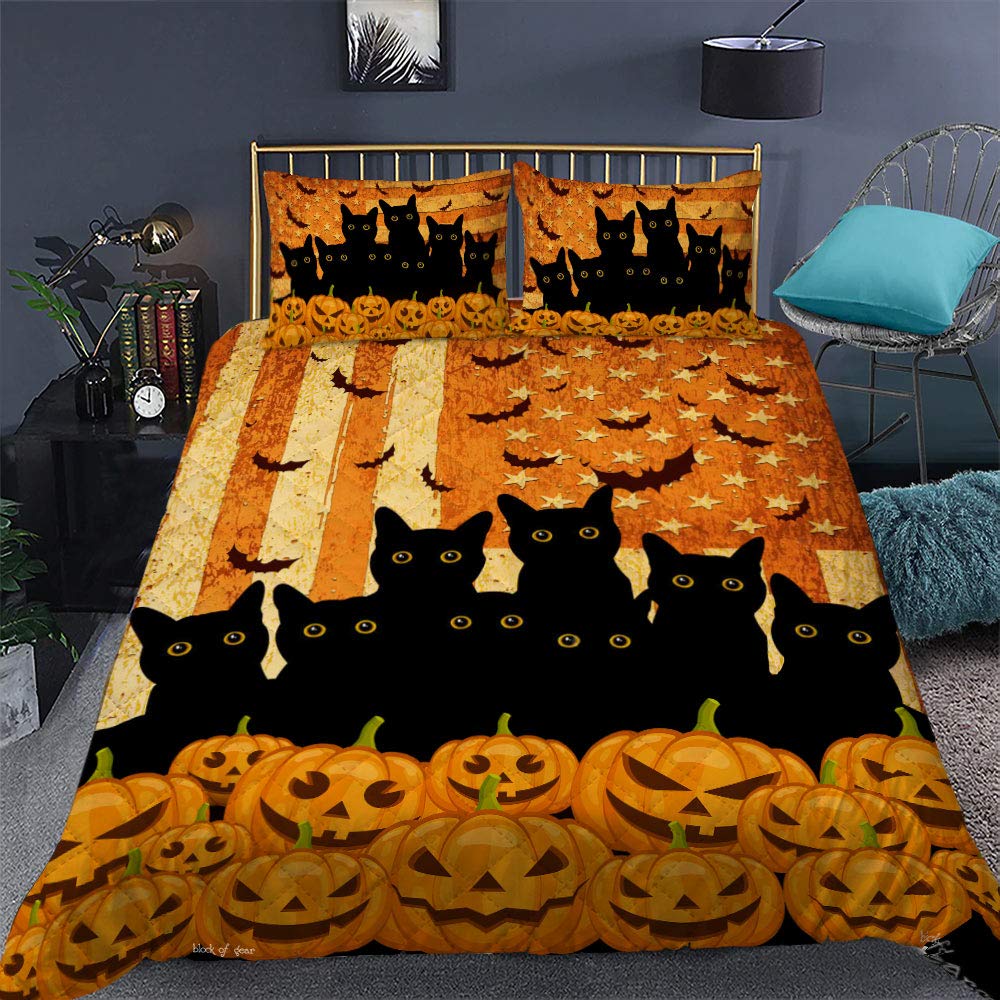 Halloween Decorations for Home & Bedroom - Pumpkin Themed King Size Quilt Bedding Set with Pillow Covers - Spooky Black Cat Design for Adults, Kids & Party - Perfect for Halloween Parties, Home Decor & Gift Giving