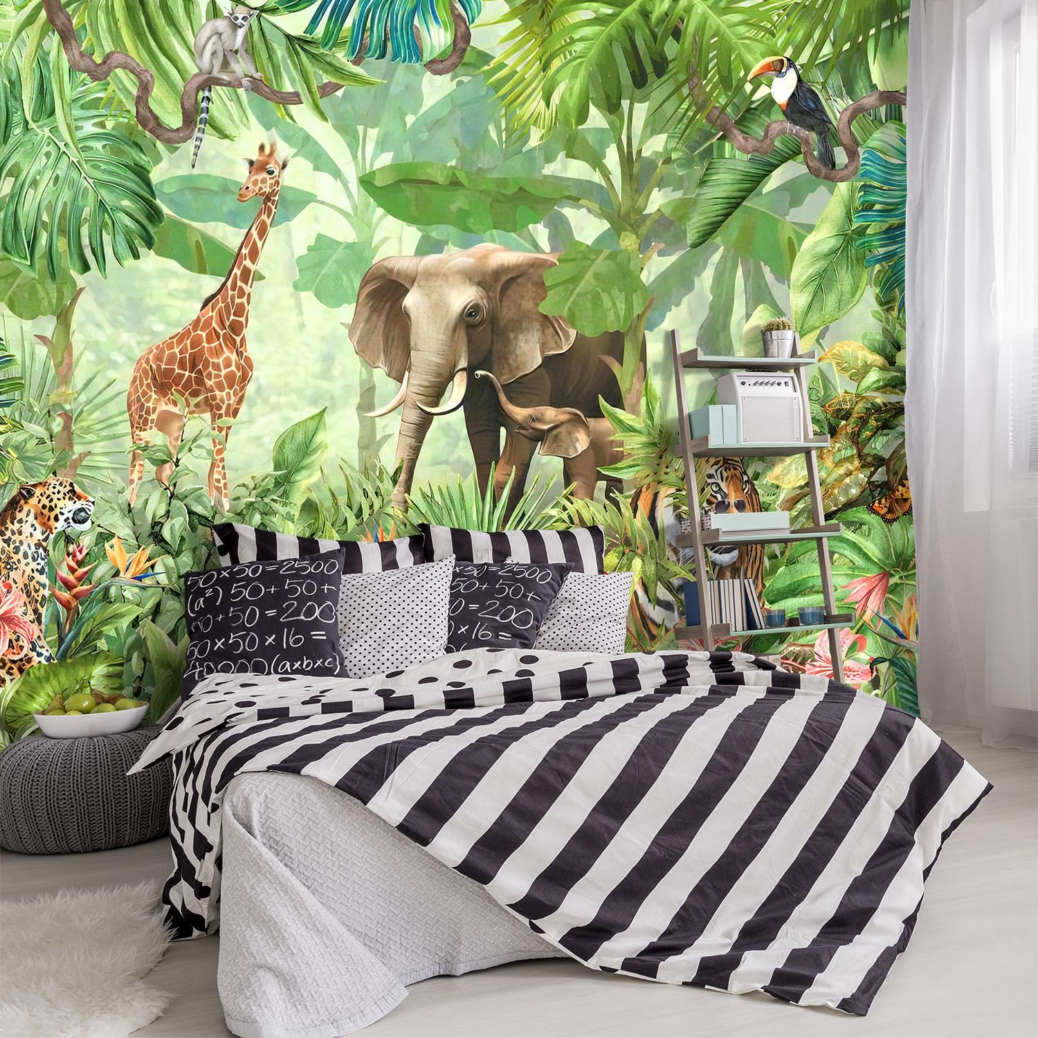 Green Rainforest Jungle Wallpaper with Tiger & Banana Leaves - 137