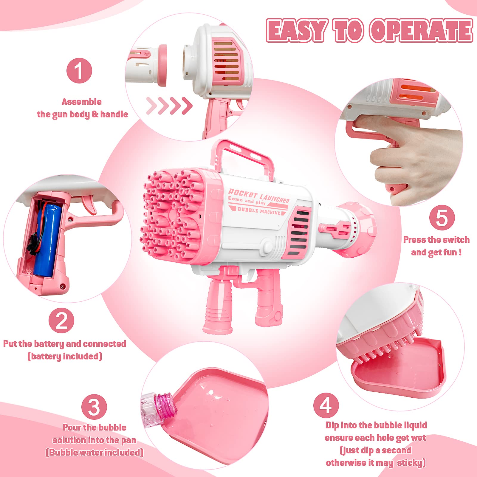 Rocket Boom Bubble Maker with 64 Holes - 5000+ Bubbles per Minute - Pink Bubble Blower for Kids & Adults - Perfect for Outdoor Play, Birthday Parties, and Summer Fun