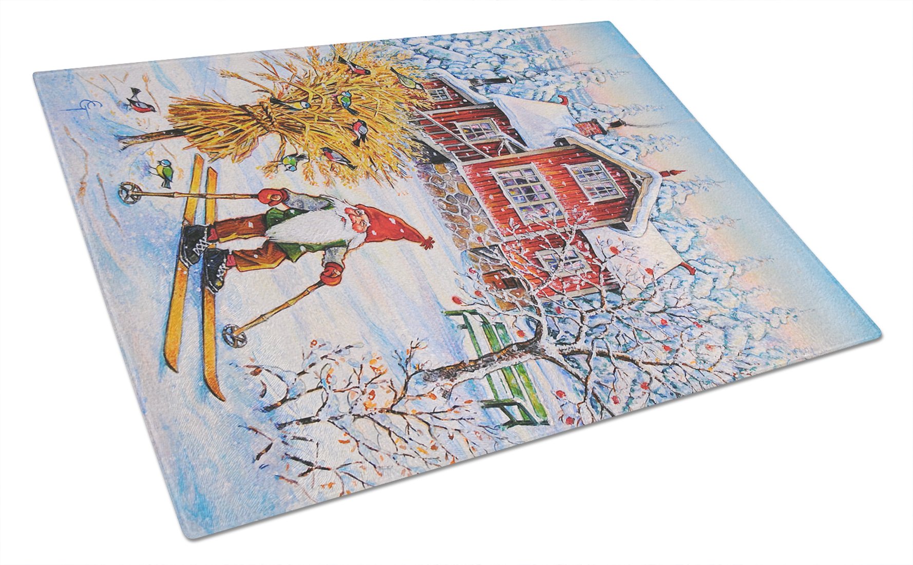 Christmas Gnome Skiing Tempered Glass Cutting Board - Large Decorative Kitchen Chopping & Serving Board - Holiday Entertaining & Gift Giving