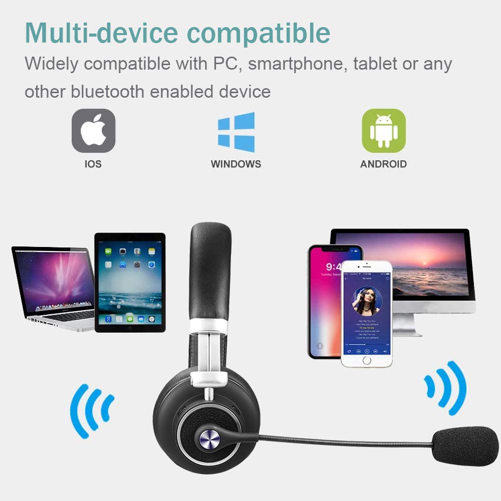 KIWITATA Wireless Bluetooth Headset for Truckers - Over Ear Noise Cancelling Headphones with Mute Mic for Truck Drivers, Business Calls, Office & Call Center - Perfect for Skype, Zoom & Remote Work