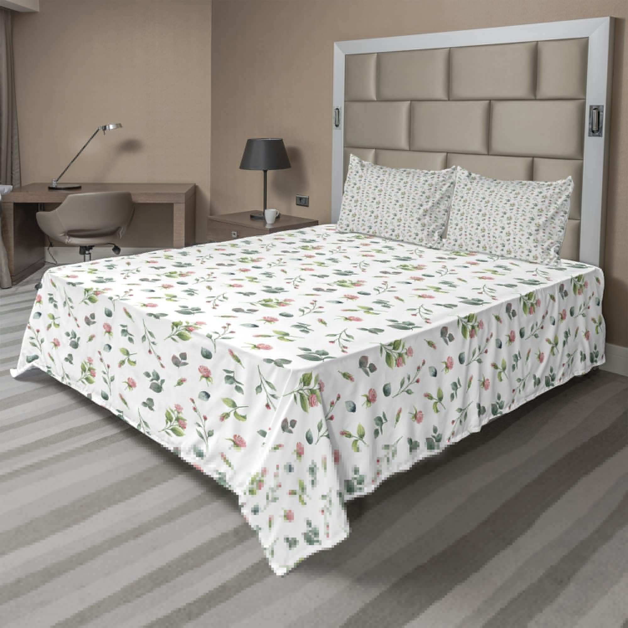 Ambesonne Floral Sheet Set 4-Piece King Size - Watercolor Roses & Leaves Design, Feminine Romantic Bedding in Laurel Green & White | Soft Fitted & Flat Sheets with Pillowcases for Cozy Bedroom Decor