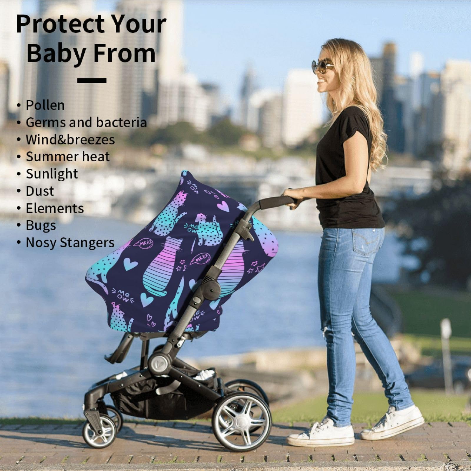 Neon Cats Baby Car Seat Cover & Nursing Canopy - Breathable Infant Stroller Cover for Newborns & Toddlers | Perfect Baby Shower Gift for Breastfeeding Moms (Home & Travel Use)