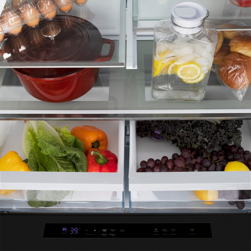 ZLINE Autograph Edition 36 Inch Counter Depth French Door Refrigerator - 21.6 cu.ft Capacity, Fingerprint Resistant Black Stainless Steel with Champagne Bronze Handles, Built-in Water and Ice Dispenser | Perfect for Modern Kitchens, Open Concept Homes & Entertaining Guests (Model RFMZ W 36 BS CB)