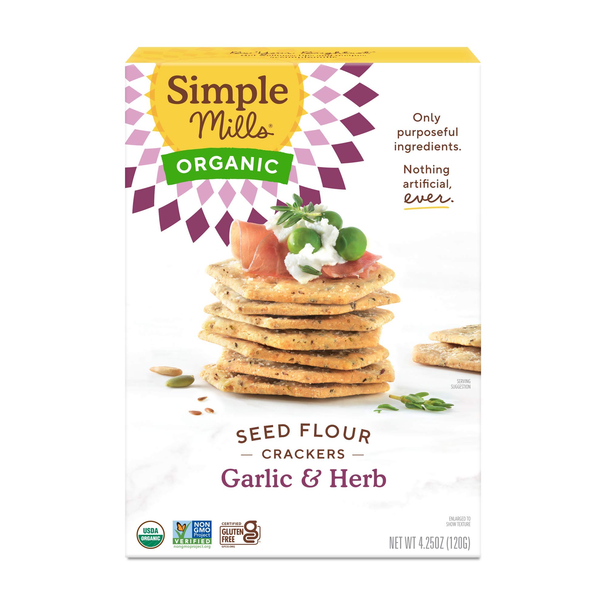 Simple Mills Organic Seed Crackers, Garlic & Herb - Gluten Free, Vegan, Healthy Snacks, Paleo Friendly, 4.25oz (Pack of 1) | Perfect for On-the-Go, Lunchboxes & Keto Diet