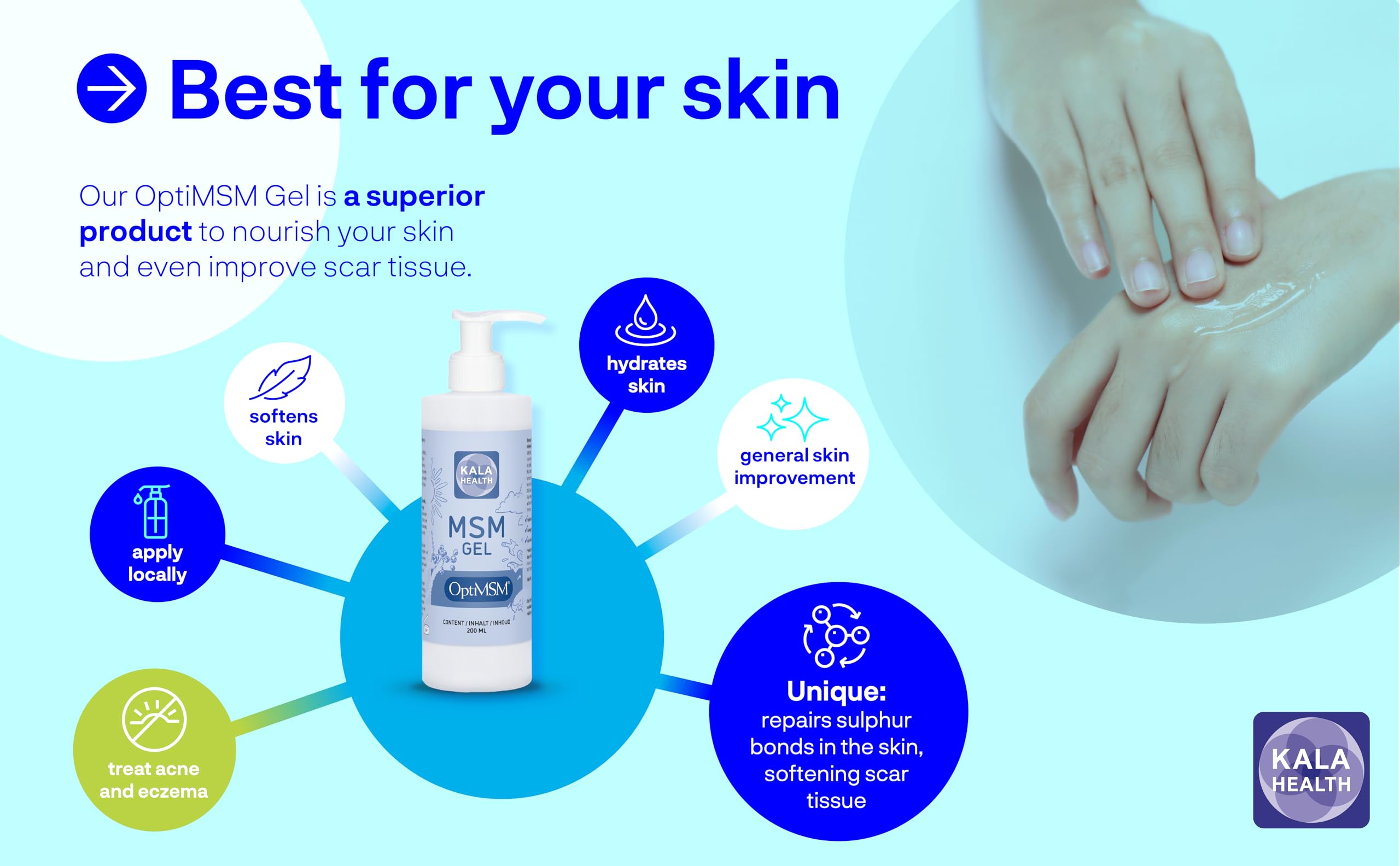 Kala MSM Skin & Facial Gel Lotion - 200ml Pure OptiMSM Gel for Skin Care & Topical Use | Hydrates, Soothes & Repairs Dry Skin - Perfect for Daily Facial Moisturizer & Body Lotion