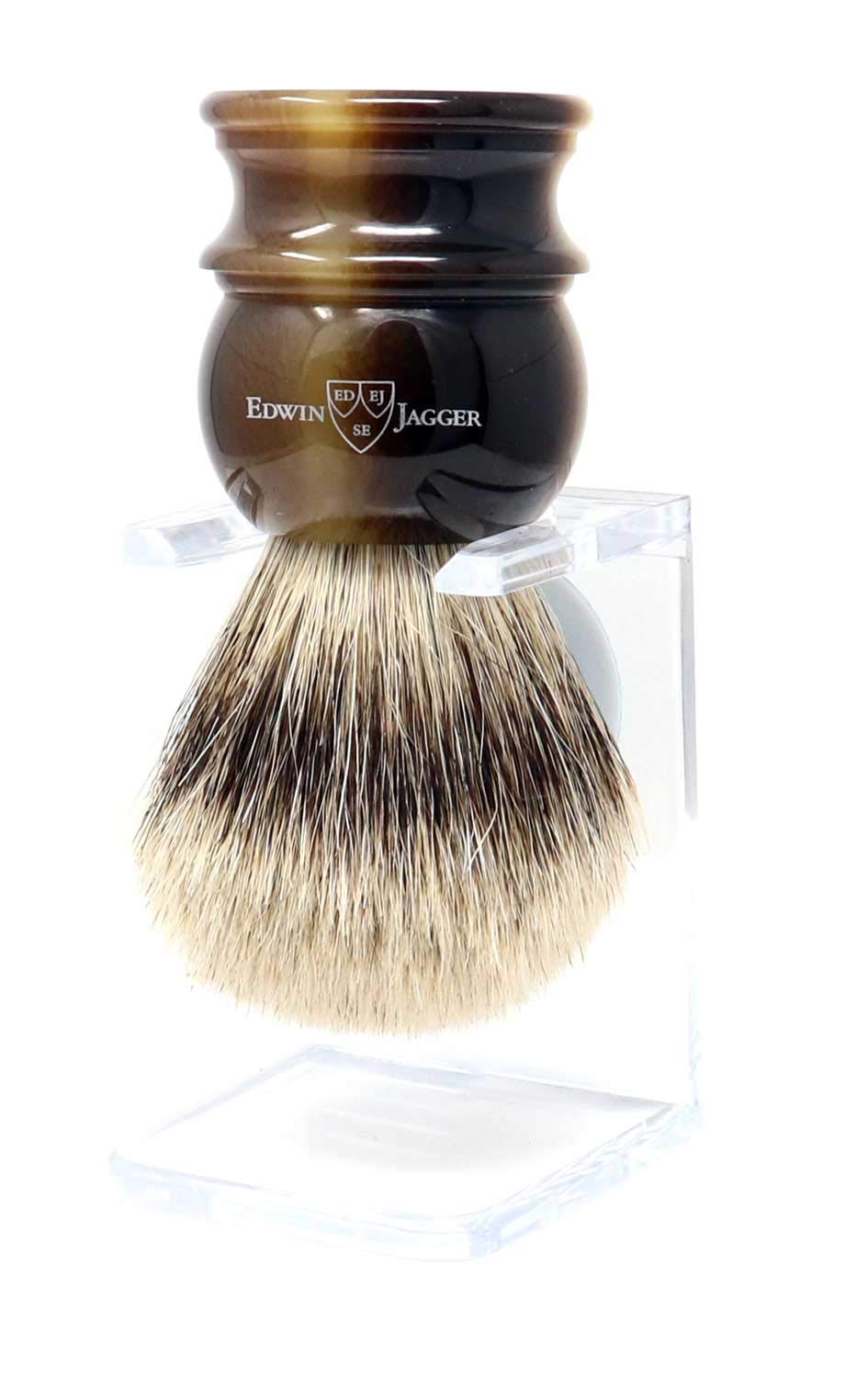 Premium Edwin Jagger Extra Large English Shaving Brush with Silver Tip Badger Hair & Stand (Imitation Horn) - Luxury Wet Shaving Kit for Men, Perfect Gift for Father's Day & Grooming Enthusiasts