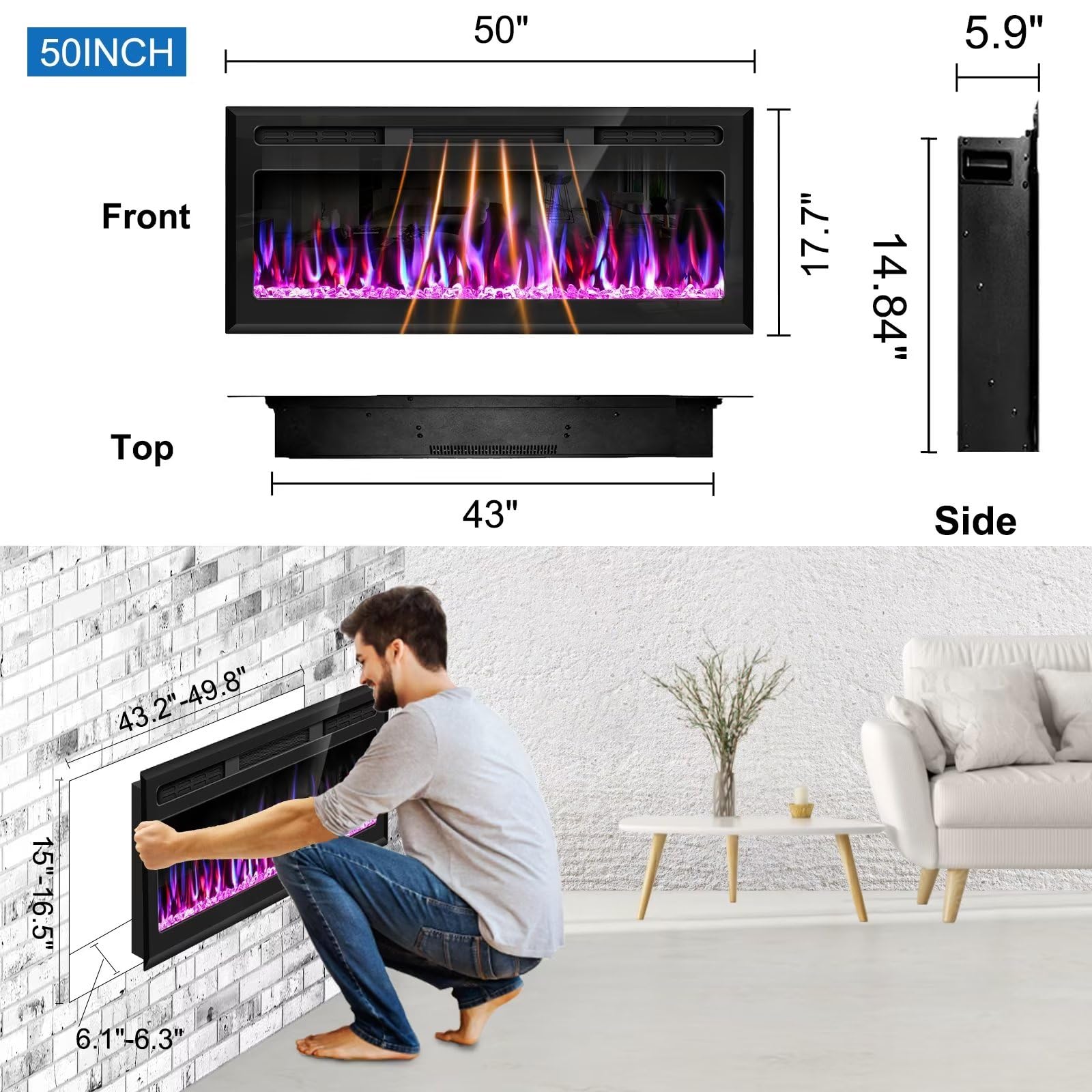 50 Inch Electric Fireplace - Wall Mounted & Recessed Linear Fireplace Insert with Remote Control, Adjustable Flame Colors & Timer, 750W/1500W, Black - Perfect for Living Room, Bedroom & Office Heating