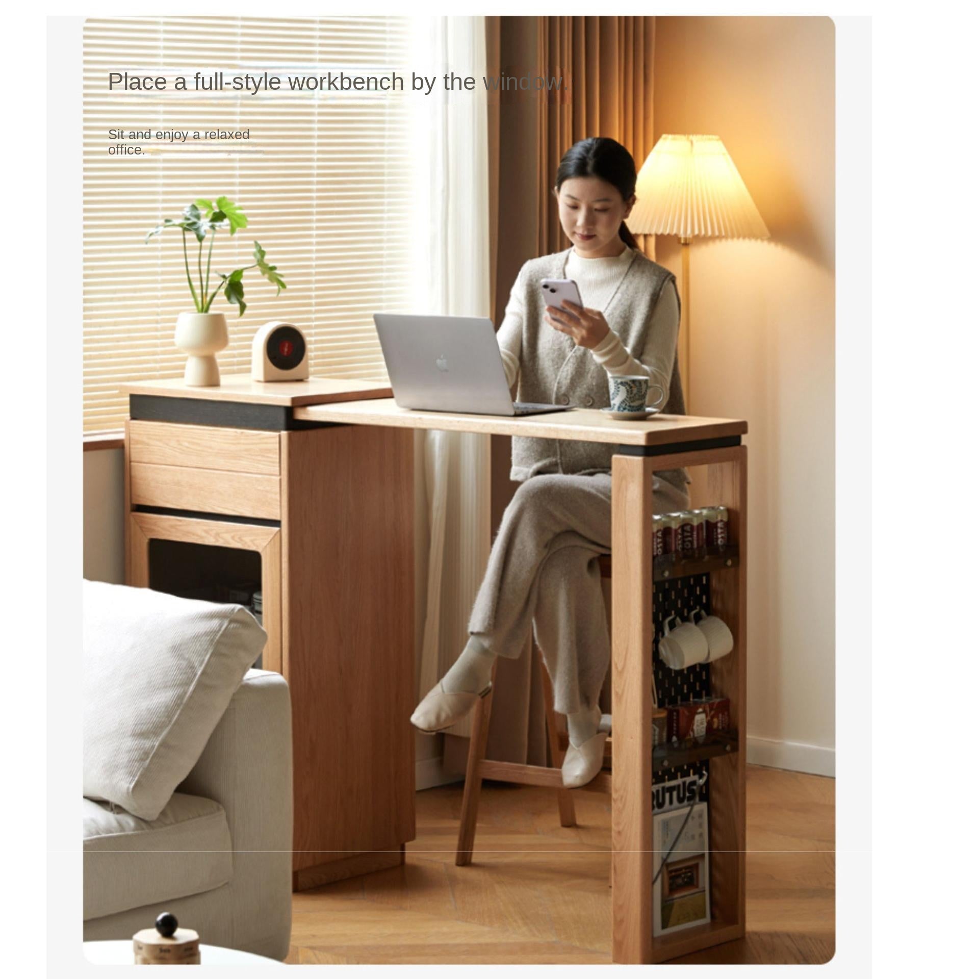 Solid Oak Wood Extendable Bar Table - Adjustable Height for Kitchen, Dining Room & Home Office - Perfect for Small Spaces & Entertaining