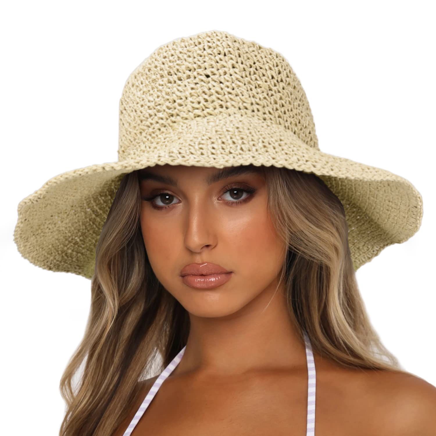 Sydbecs Women's Wide Brim Sun Hat - UPF 50+ UV Protection Foldable Straw Beach Hat for Summer, Travel & Outdoor Activities | Perfect for Beach Vacations, Gardening, and Poolside Relaxation