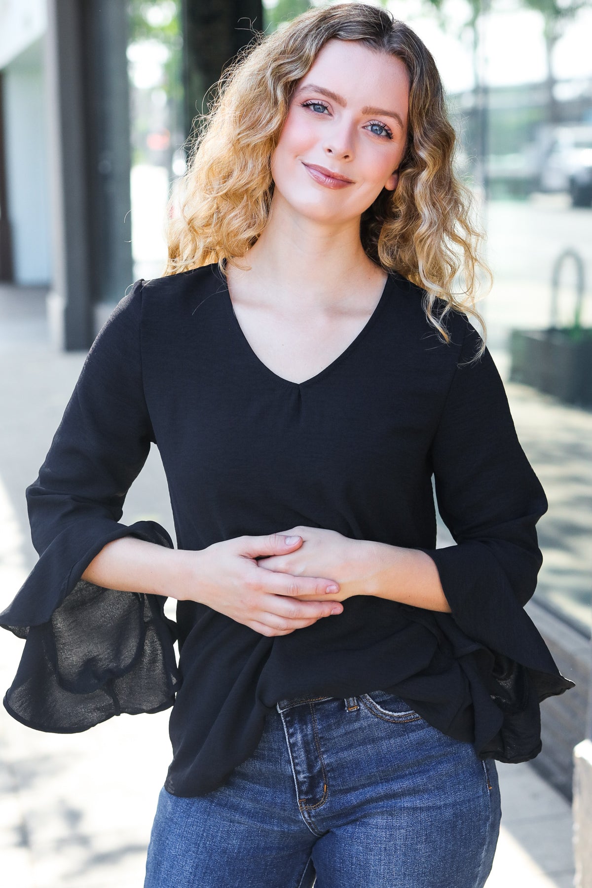 Falling In Love Black Hi-Lo Ruffle Sleeve Woven Top for Women | Elegant Party & Date Night Blouse | Perfect for Evening Events, Cocktail Parties and Romantic Outfits