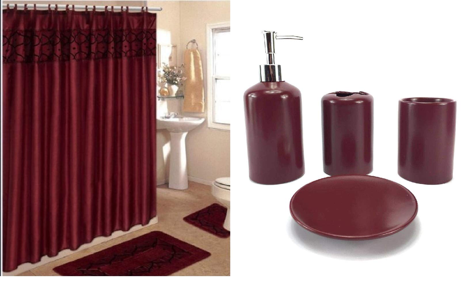 19-Piece Luxury Bath Accessory Set - Flocking Print Bath Rug, Shower Curtain & Ceramic Accessories (Burgundy) | Complete Bathroom Decor for Master Bath & Guest Bath | WPM World Products Mart