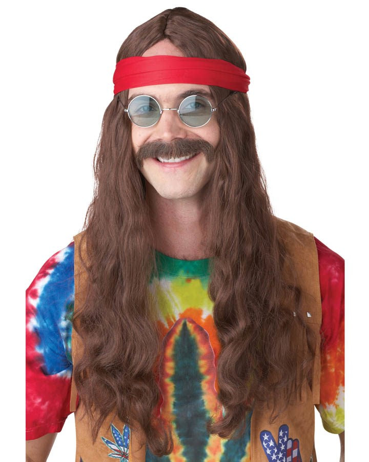 60s Hippie Man Long Brown Wig with Mustache - Perfect for 70s Costume, Halloween Disguise, and Themed Parties