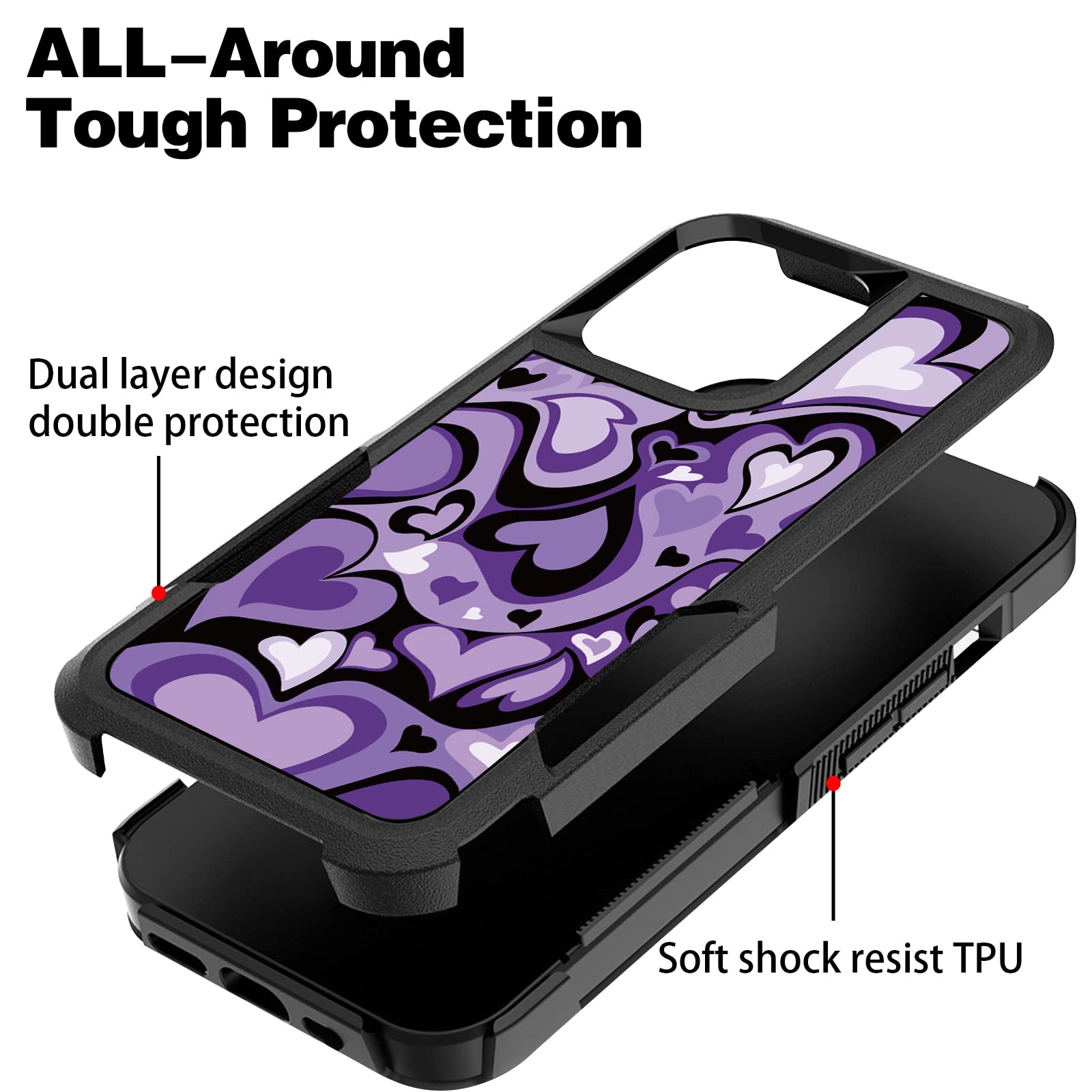Rugged Shockproof Protective Case for iPhone 13 Pro Max 6.7 Inch - Heavy Duty Slim Lightweight Cover with Purple Heart Pattern, Perfect for Women & Girls - Ideal for Outdoor Activities, Work & Daily Use