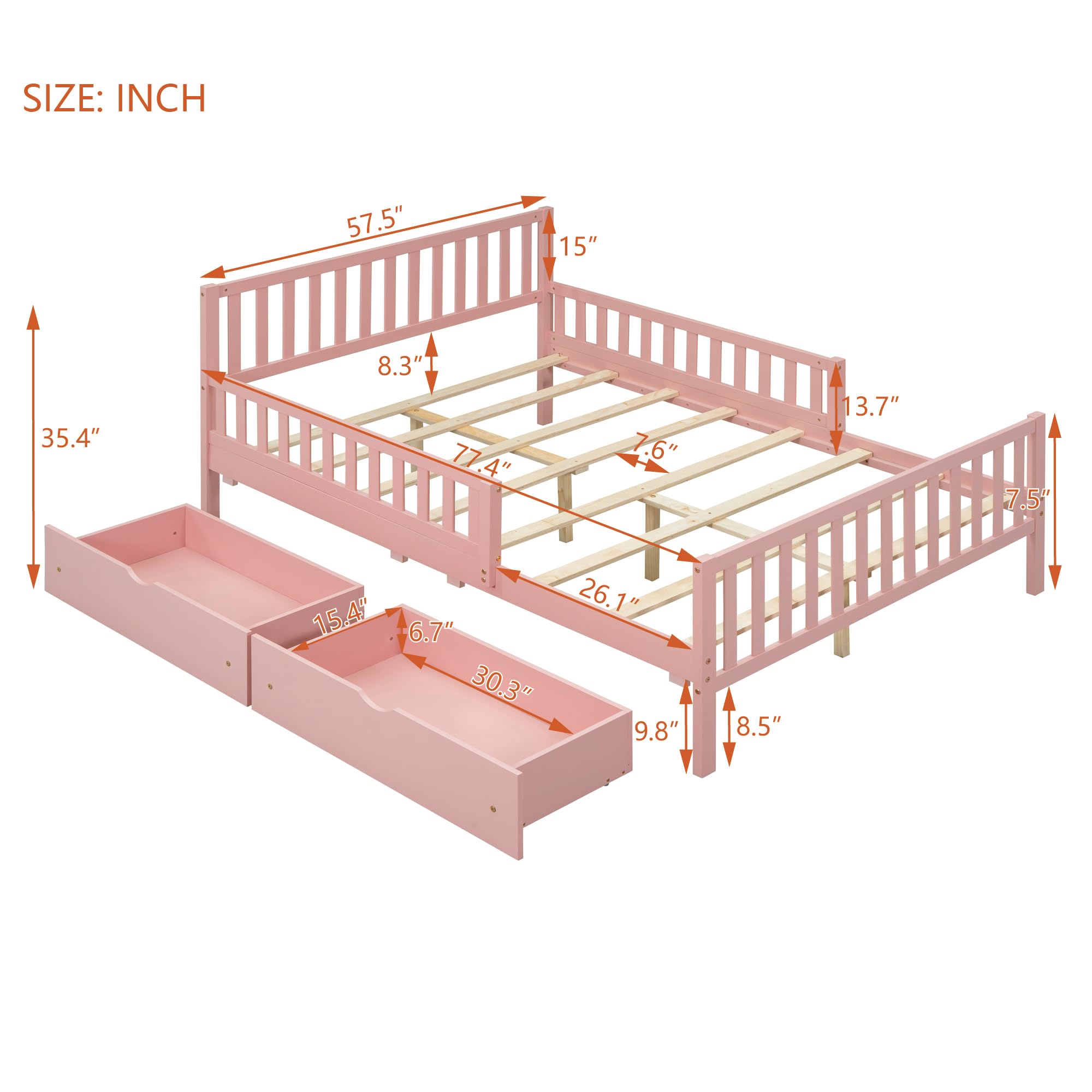 Pink Kids Full Bed Frame with Guardrails, Low Platform Bed with Headboard & Footboard, 2 Storage Drawers - Safe Toddler Bed for Boys & Girls - Perfect for Bedrooms, Daycare & Sleepovers