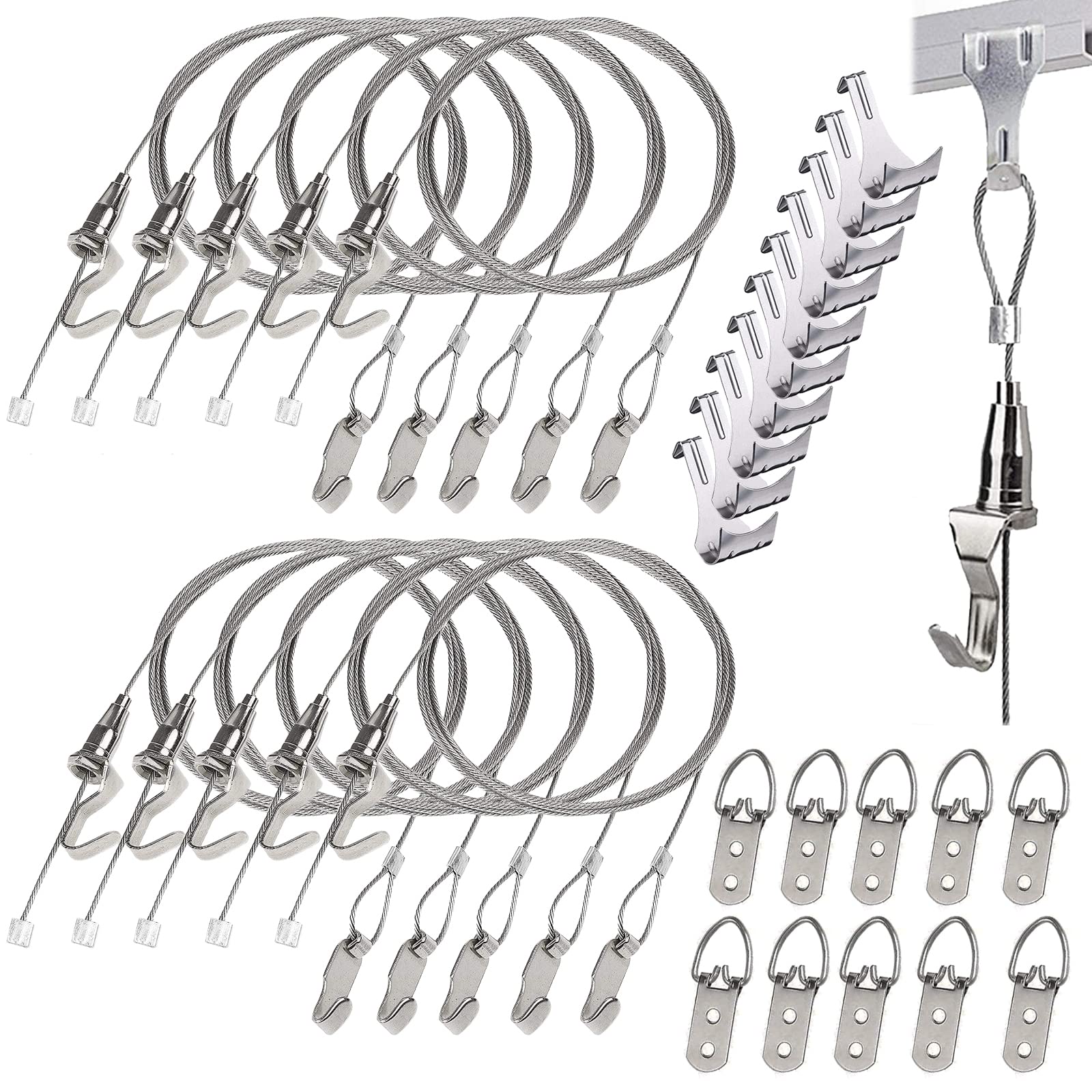 10 Pack Picture Rail Hanging System - Silver Molding Hooks & Cables for Wall Art Display | Perfect for Home Decor, Gallery Hanging, and Photo Frames
