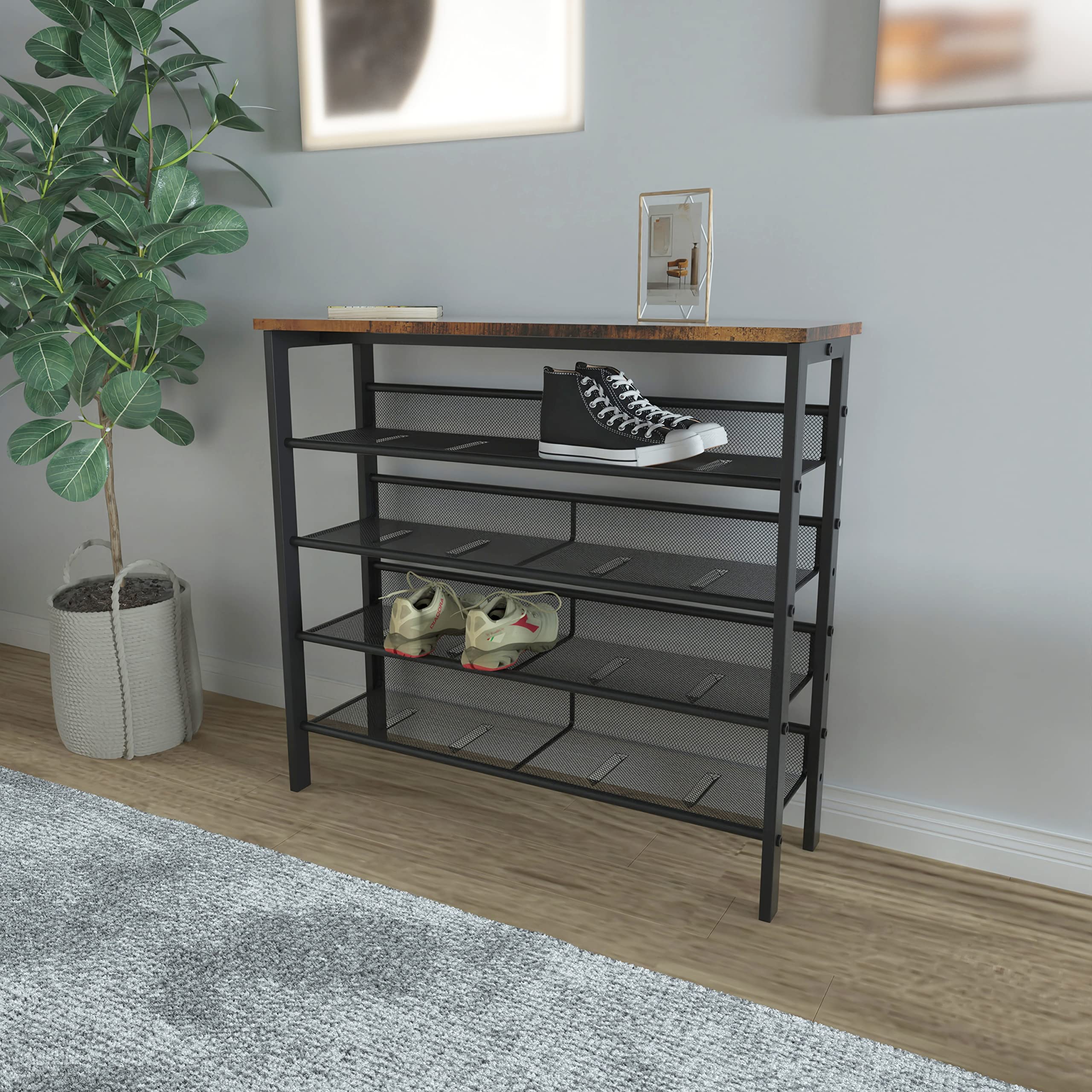 Industrial Shoe Rack - Adjustable 5-Tier Country Style Shoe Storage Organizer with 4 Mesh Shelves for Entryway, Living Room, Bedroom & Porch | Perfect for Small Spaces, Apartment Organization & Shoe Display