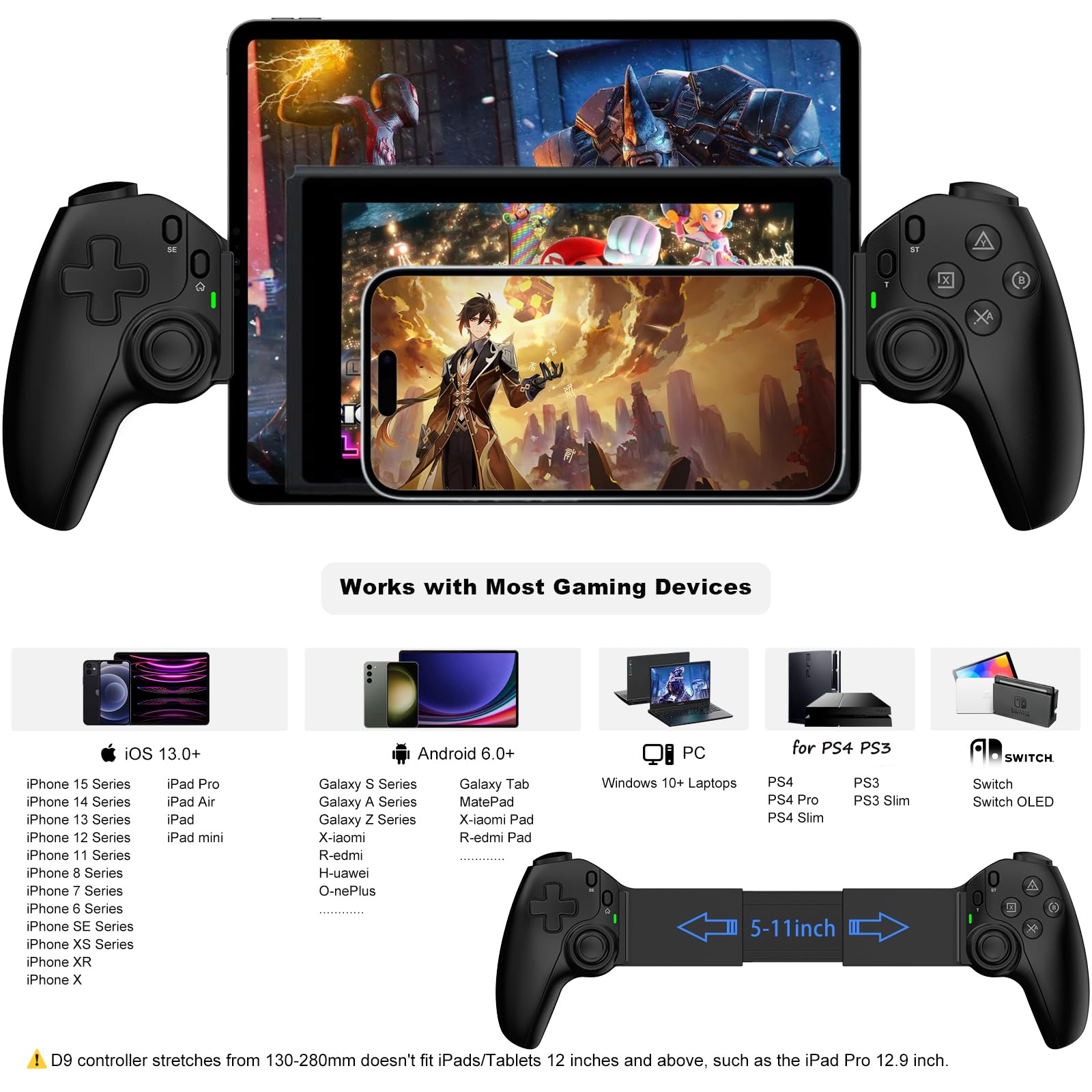 Wireless Controller for iPad, Tablet, iPhone, Android, PC, Nintendo Switch, PS3, PS4 - Gamepad Joystick with Turbo Function | Compatible with Mobile Cloud Gaming, PS5, Xbox, COD | Perfect for iPhone 15/14, Streaming & Multi-Platform Gaming
