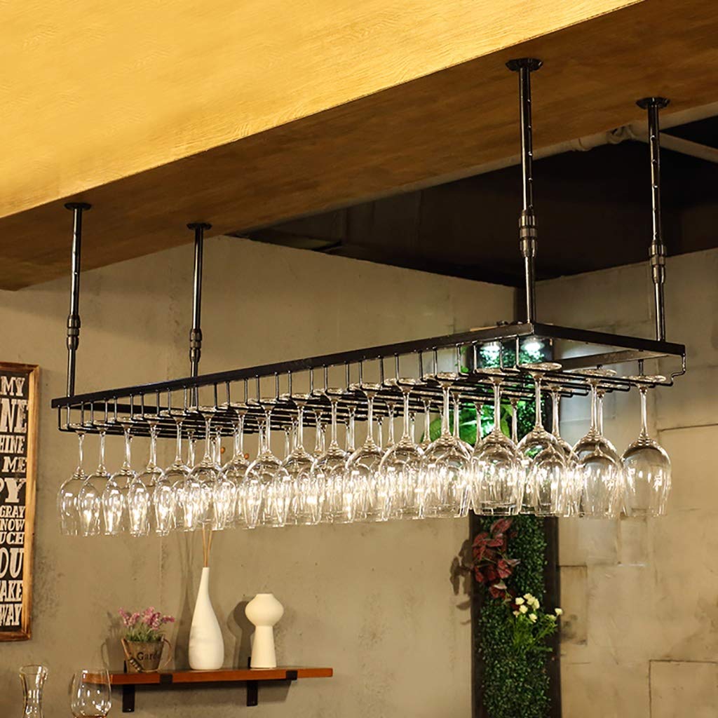Industrial Ceiling Mounted Wine Glass Holder - Adjustable Height Hanging Rack for Stemware (Black, 90×35cm) - Perfect for Home Bars, Restaurants & Kitchen Storage