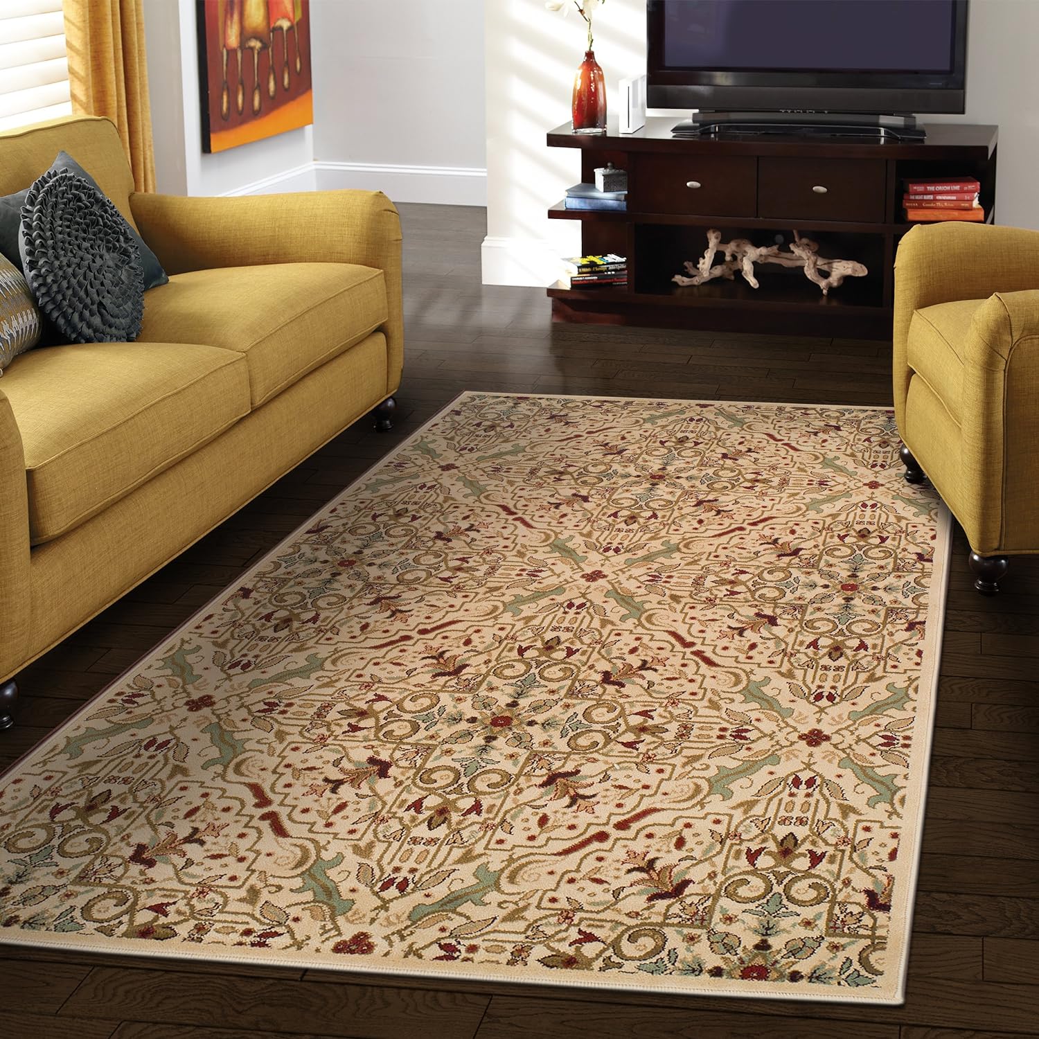 Camille Floral Medallion Scroll Traditional Indoor Area Rug - Non-Slip Living Room Carpet, Bedroom Runner for Home Decor