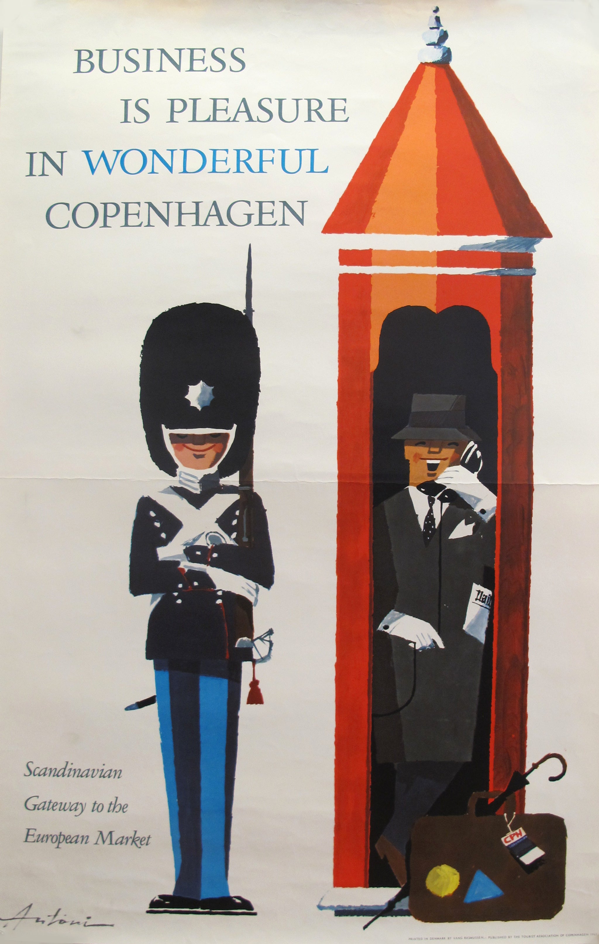 Vintage 1960s Danish Business is Pleasure Poster - Wonderful Copenhagen Retro Wall Art - Perfect for Home Office, Living Room & Mid-Century Modern Decor