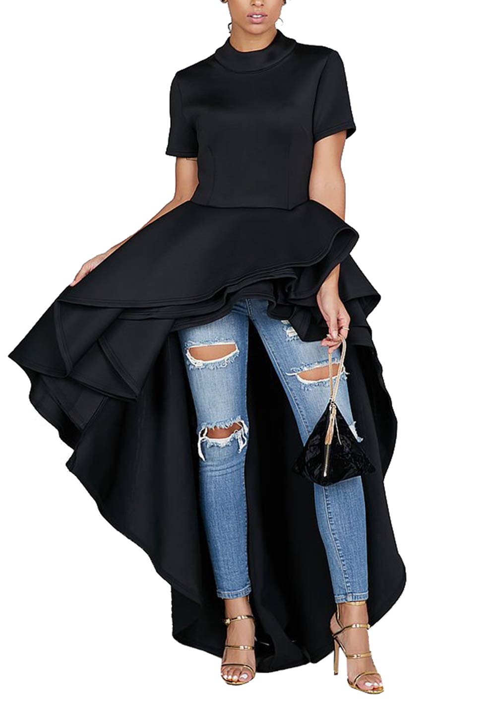 Kearia Women's Ruffle High-Low Asymmetrical Turtleneck Blouse Shirt Dress - Elegant Casual & Party Wear for Women