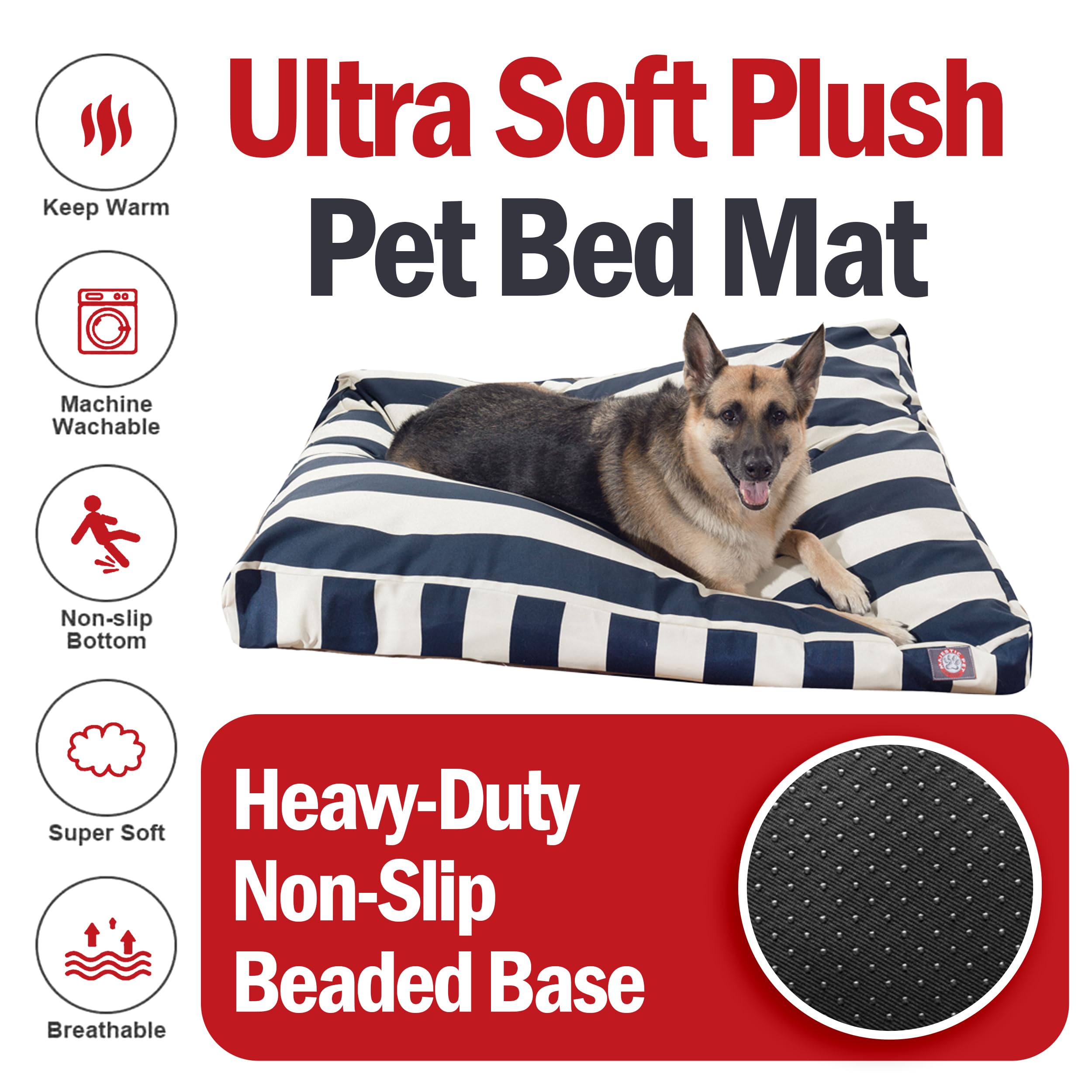 Majestic Pet Stripes Large Washable Dog Bed – Non-Slip Comfy Orthopedic Crate Mat with Removable Cover – X-Large Navy Blue Polyester Fiber Pet Bed for Dogs – Perfect for Kennels, Crates & Home Lounging