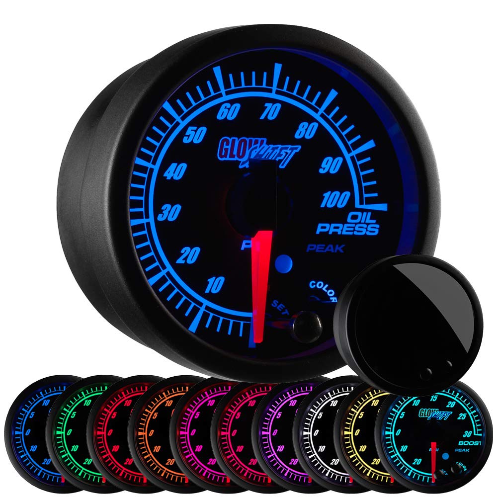 GlowShift Elite 10-Color 100 PSI Oil Pressure Gauge Kit with Electronic Sensor - Black Dial & Tinted Lens - Peak Recall Function - 2-1/16