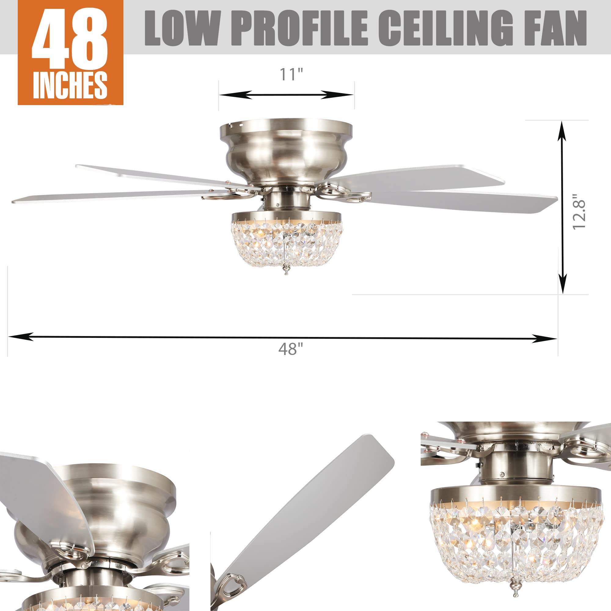 Parrot Uncle 48 Inch Brushed Nickel Flush Mount Ceiling Fan with Light and Remote Control - Low Profile Chandelier Style for Bedroom, Living Room, and Office - Energy Efficient Quiet Operation for Year-Round Comfort