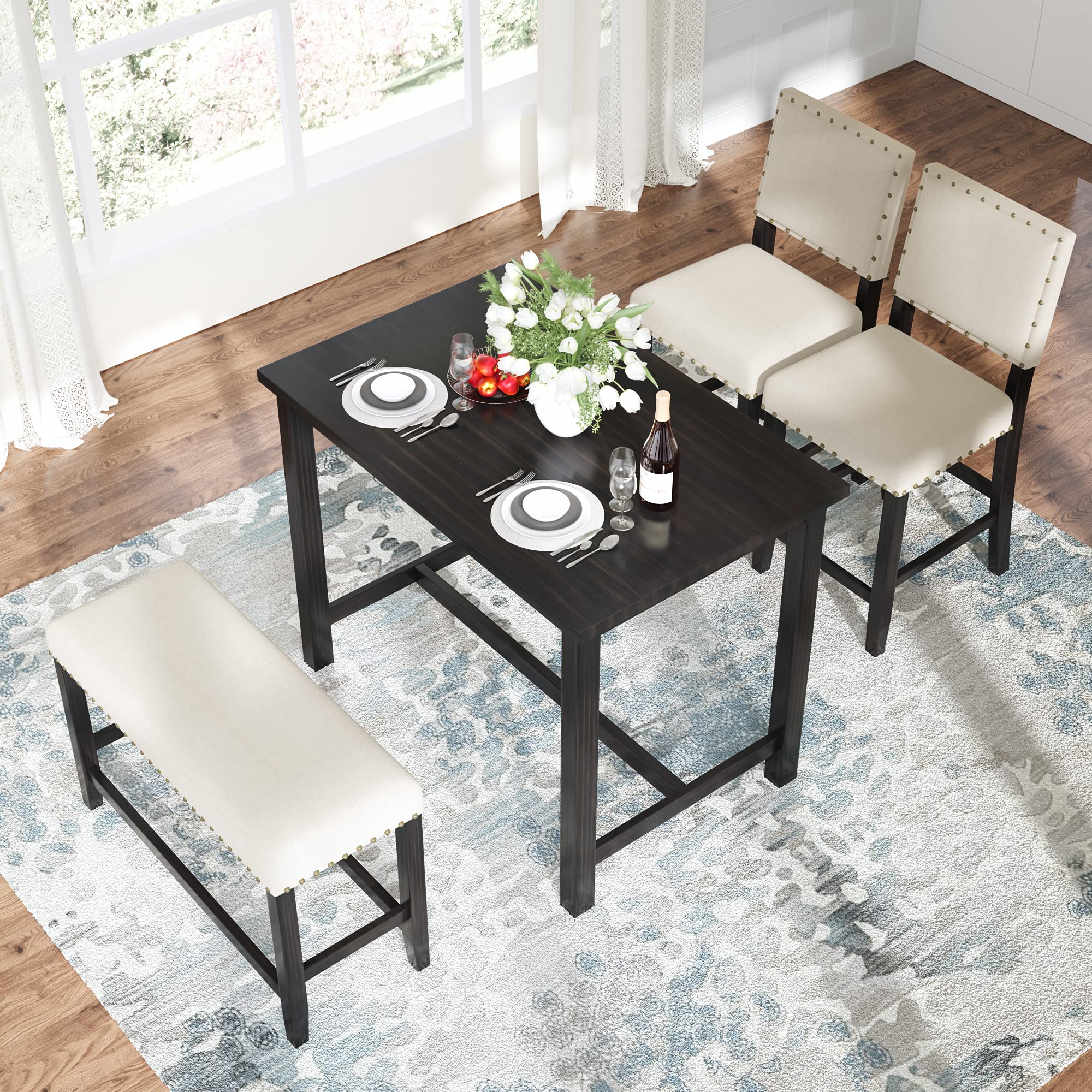 Rustic Quarte Wooden Counter Height Dining Set with 2 Upholstered Chairs & 1 Bench - Beige Kitchen Table for Small Spaces, Breakfast Nooks & Farmhouse Style Dining Rooms