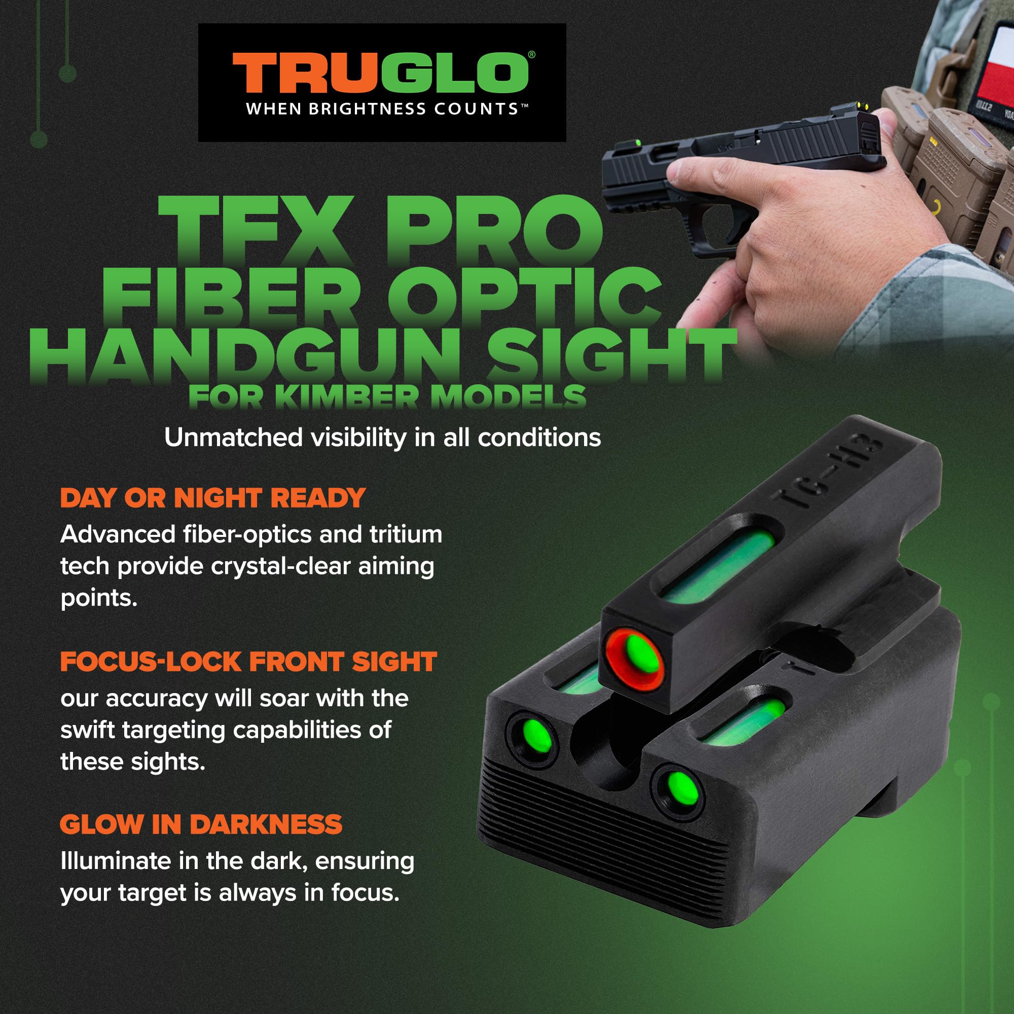 Truglo TFX PRO Handgun Sight - Glow in Dark Tritium & Fiber Optic Night Sight for Pistols | Compact, Durable, Snag-Free Design | Ideal for Low Light Shooting, Home Defense & Tactical Training