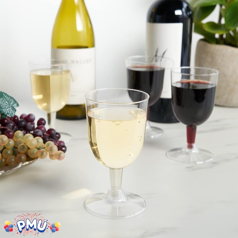 PMU 5 oz Clear Plastic Wine Glasses - 2 Piece Set (40/Pack, 6 Packs) - Shatterproof Cups for Parties, Picnics, Weddings & Outdoor Events